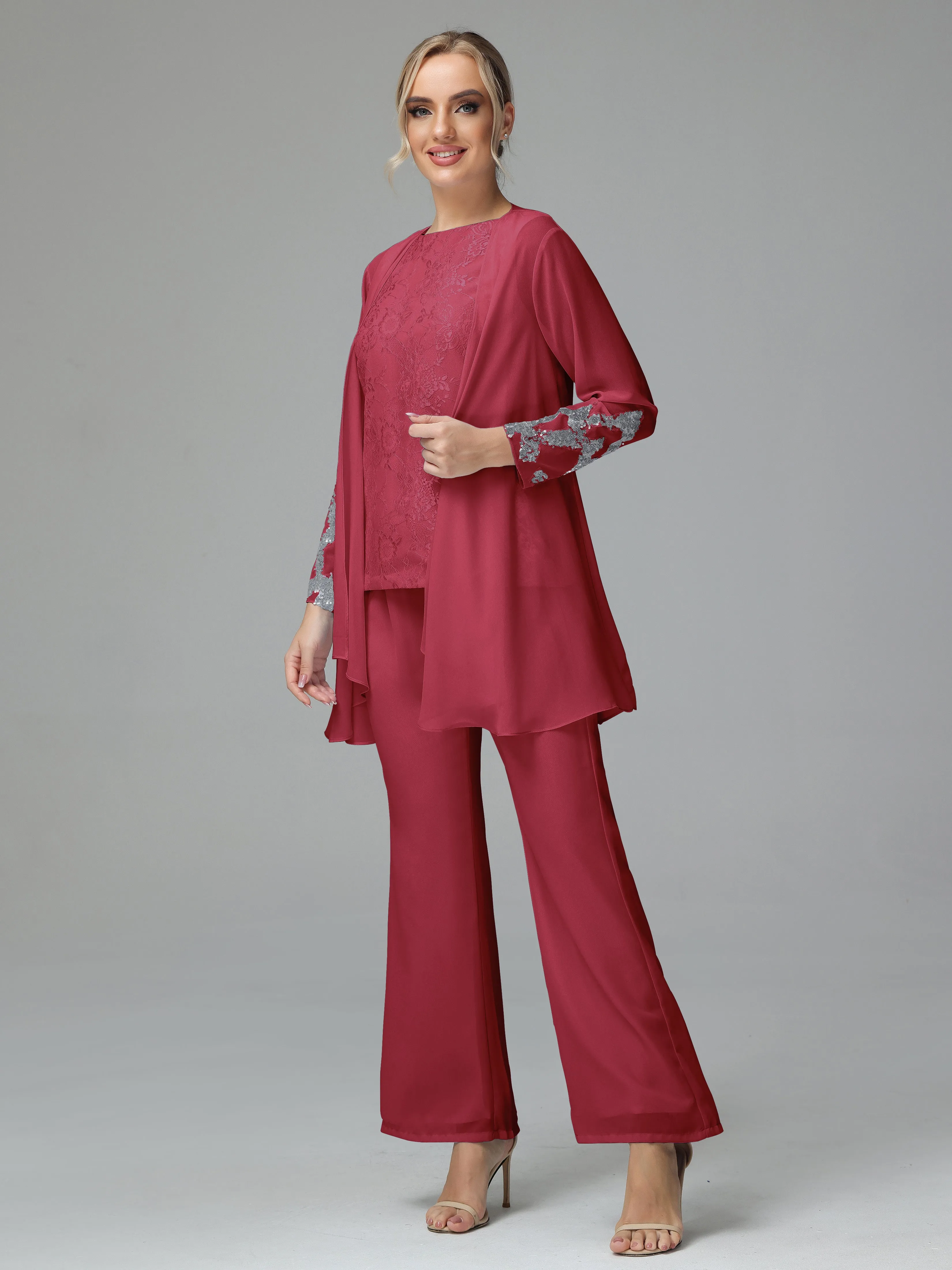 Chiffon 3 Pieces Mother of the Bride Dress Pant Suits With Appliques