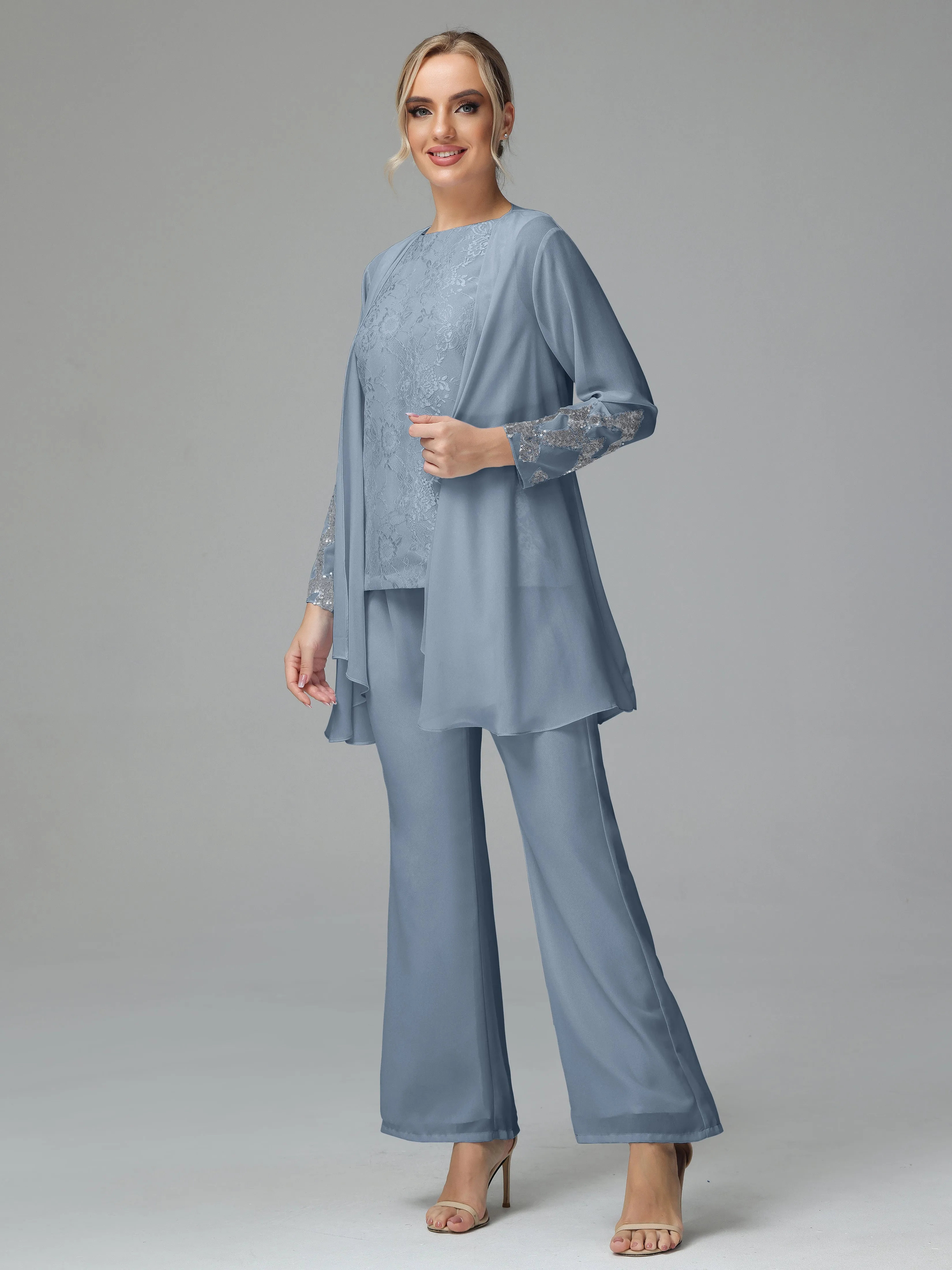 Chiffon 3 Pieces Mother of the Bride Dress Pant Suits With Appliques