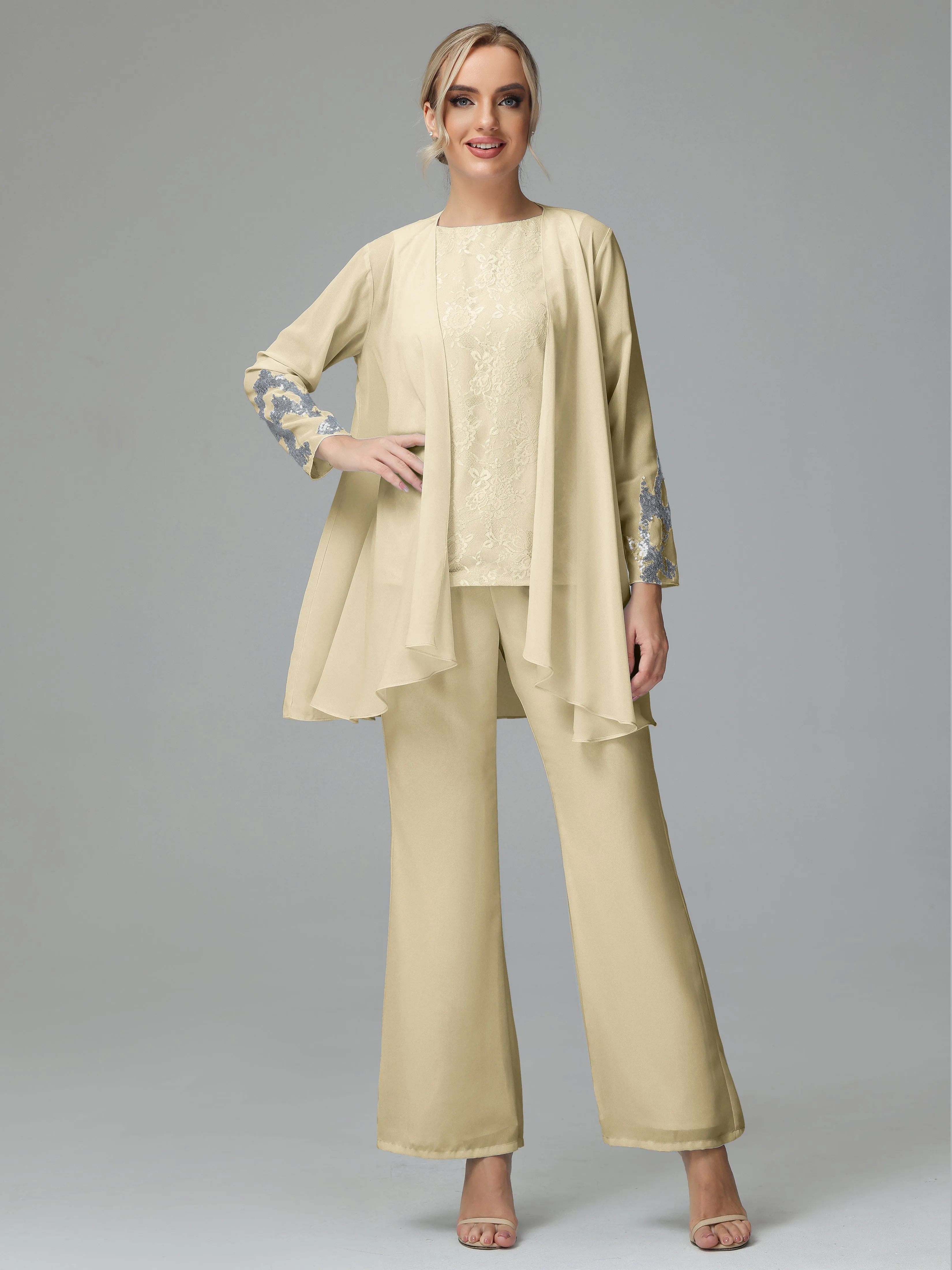 Chiffon 3 Pieces Mother of the Bride Dress Pant Suits With Appliques