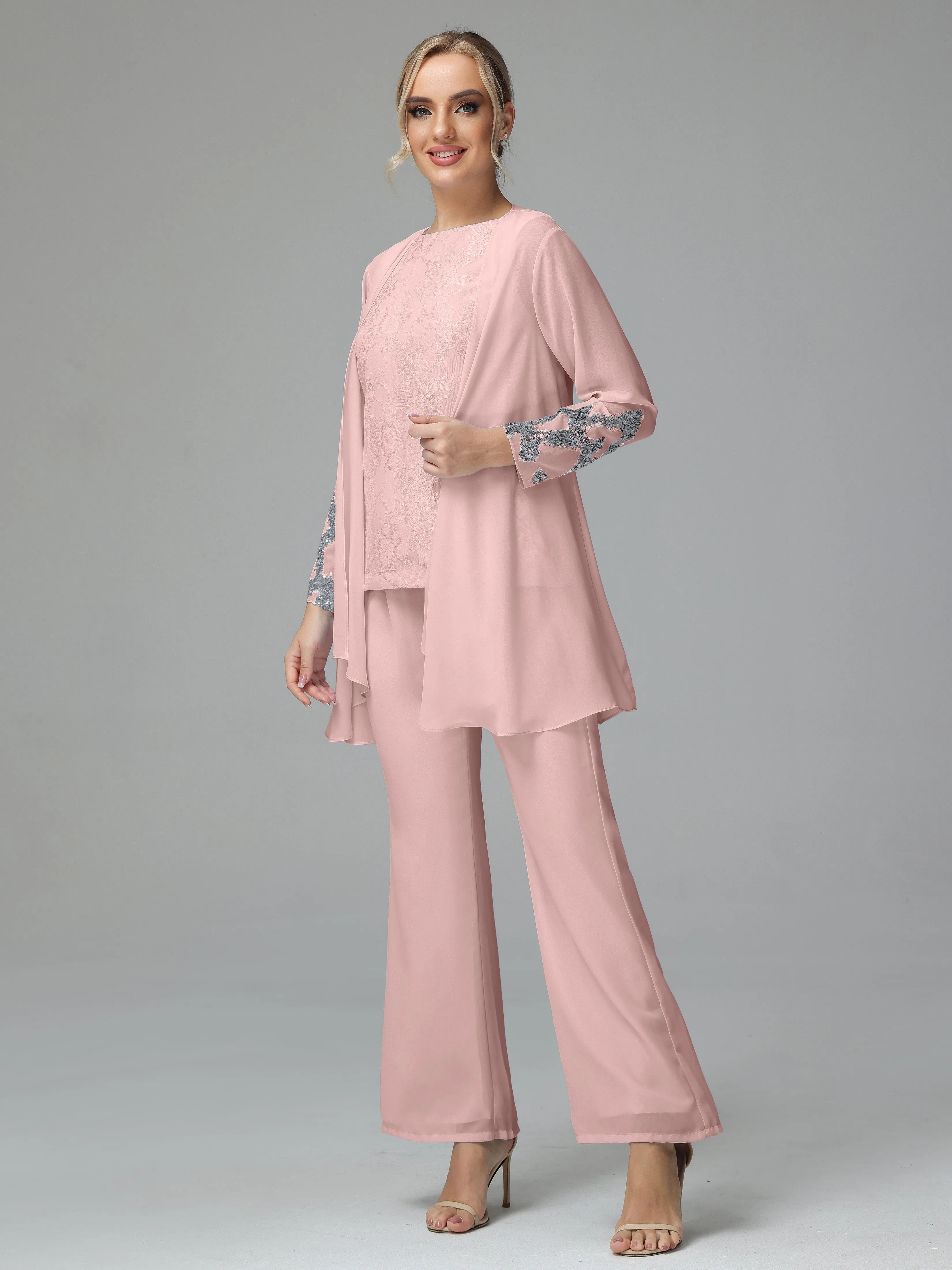 Chiffon 3 Pieces Mother of the Bride Dress Pant Suits With Appliques