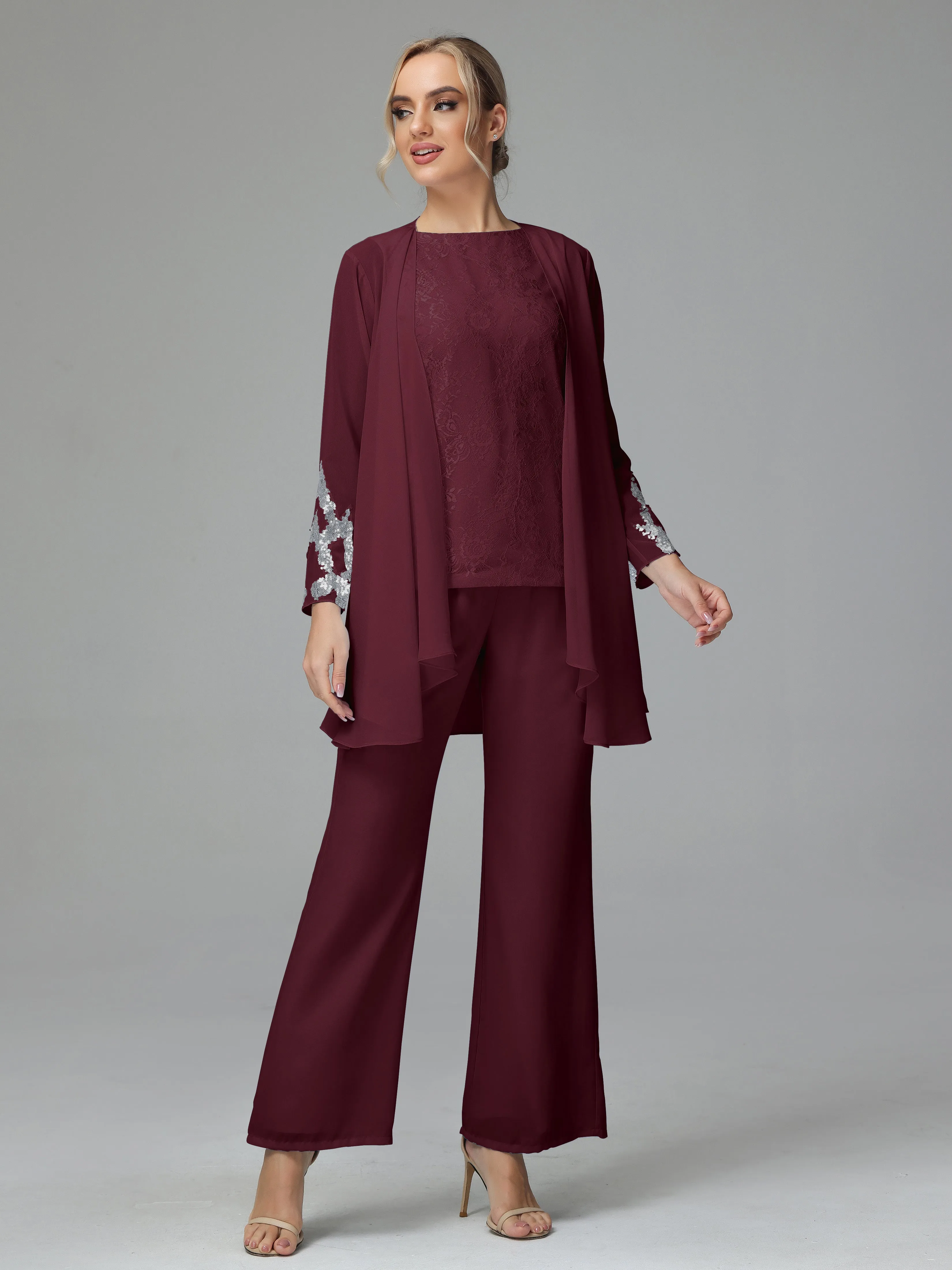 Chiffon 3 Pieces Mother of the Bride Dress Pant Suits With Appliques
