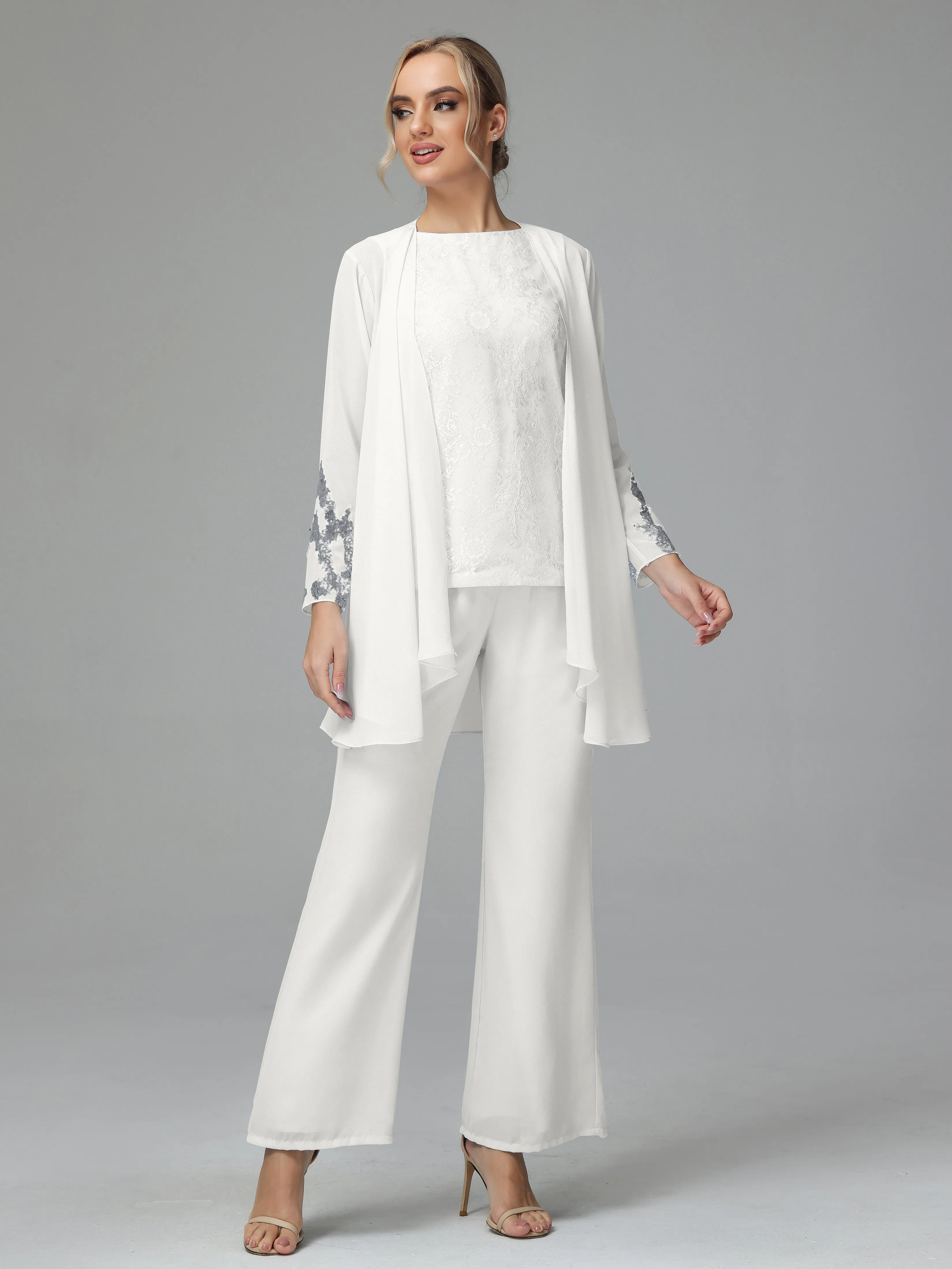 Chiffon 3 Pieces Mother of the Bride Dress Pant Suits With Appliques