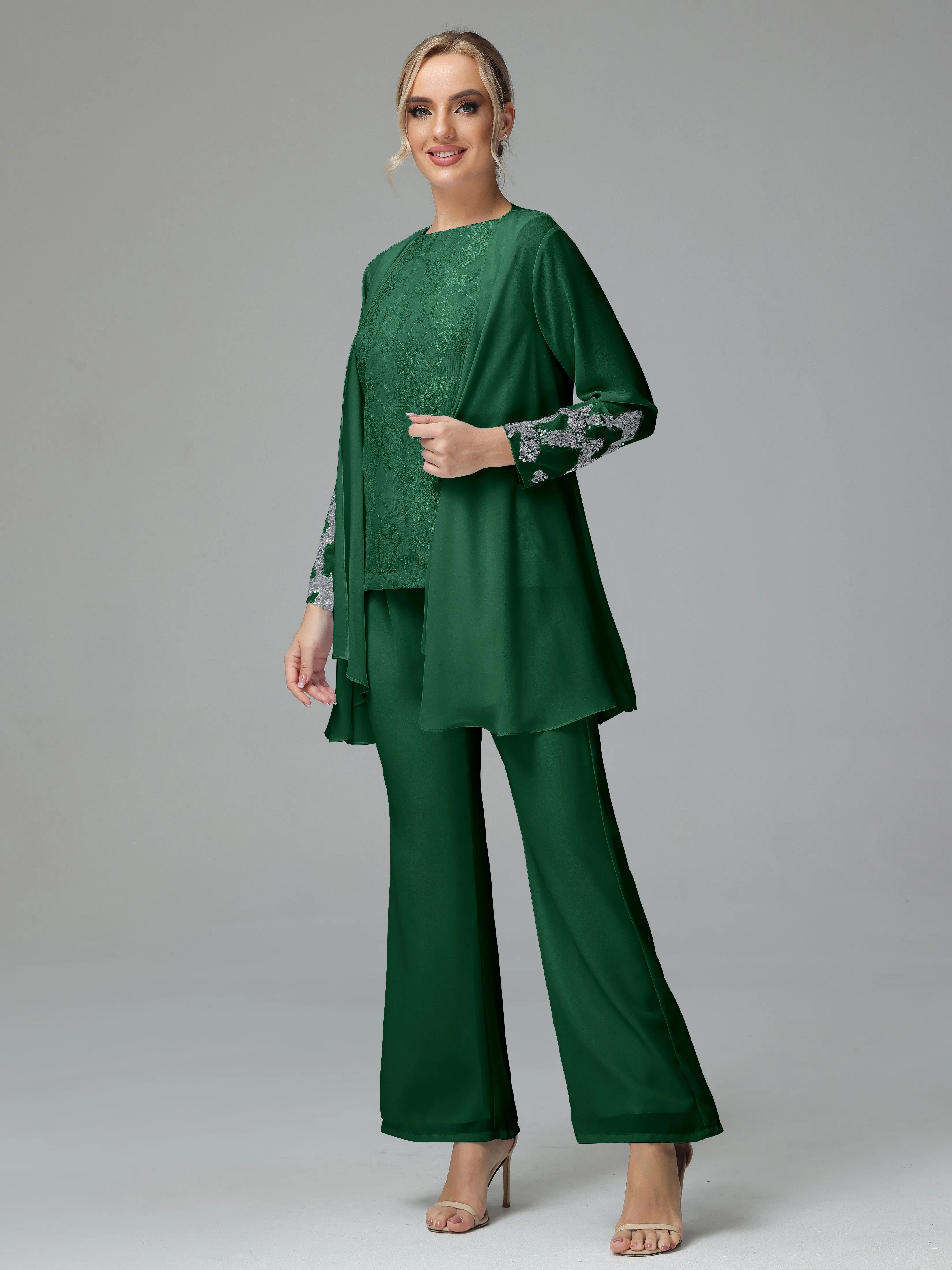 Chiffon 3 Pieces Mother of the Bride Dress Pant Suits With Appliques