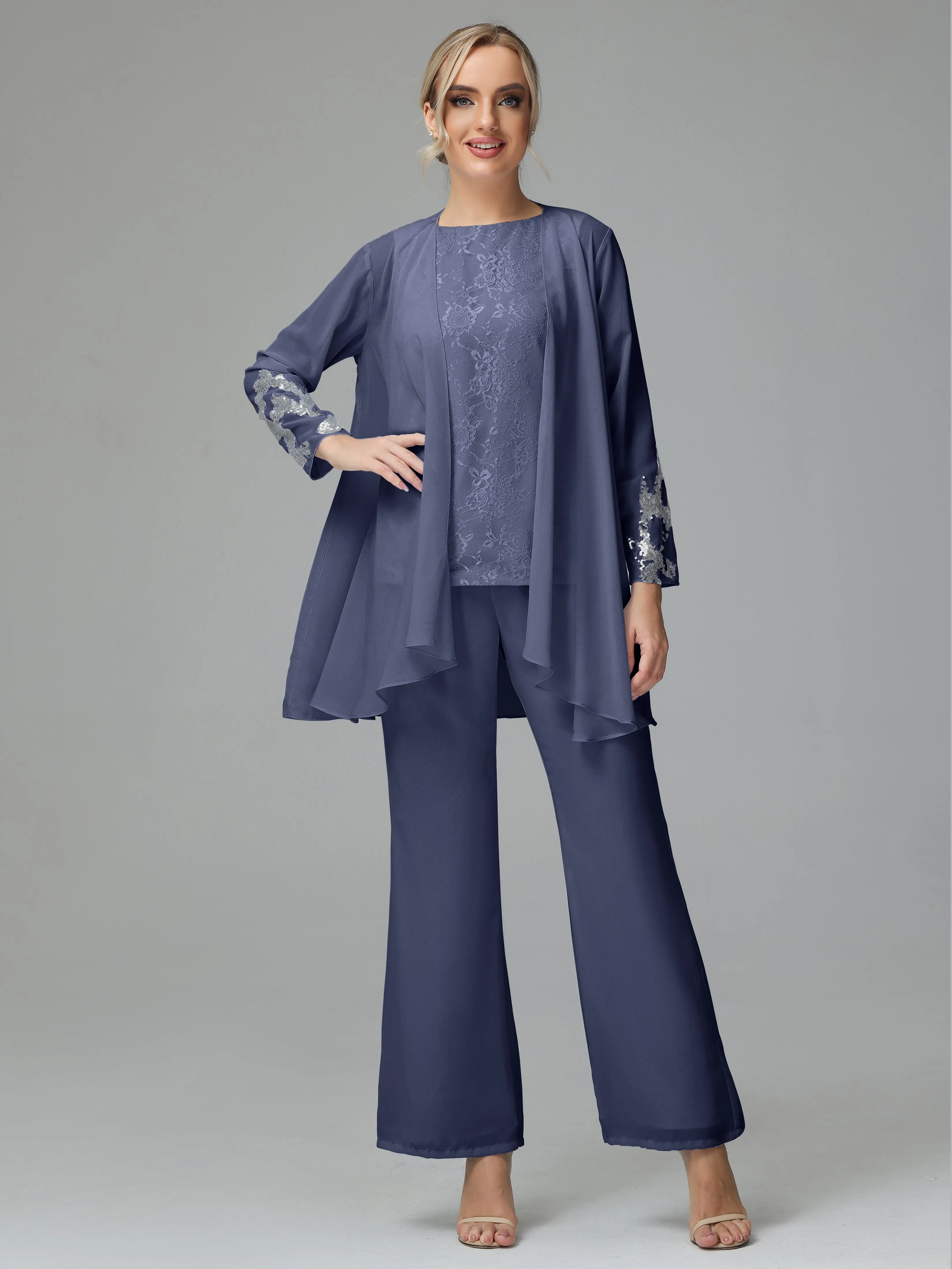 Chiffon 3 Pieces Mother of the Bride Dress Pant Suits With Appliques