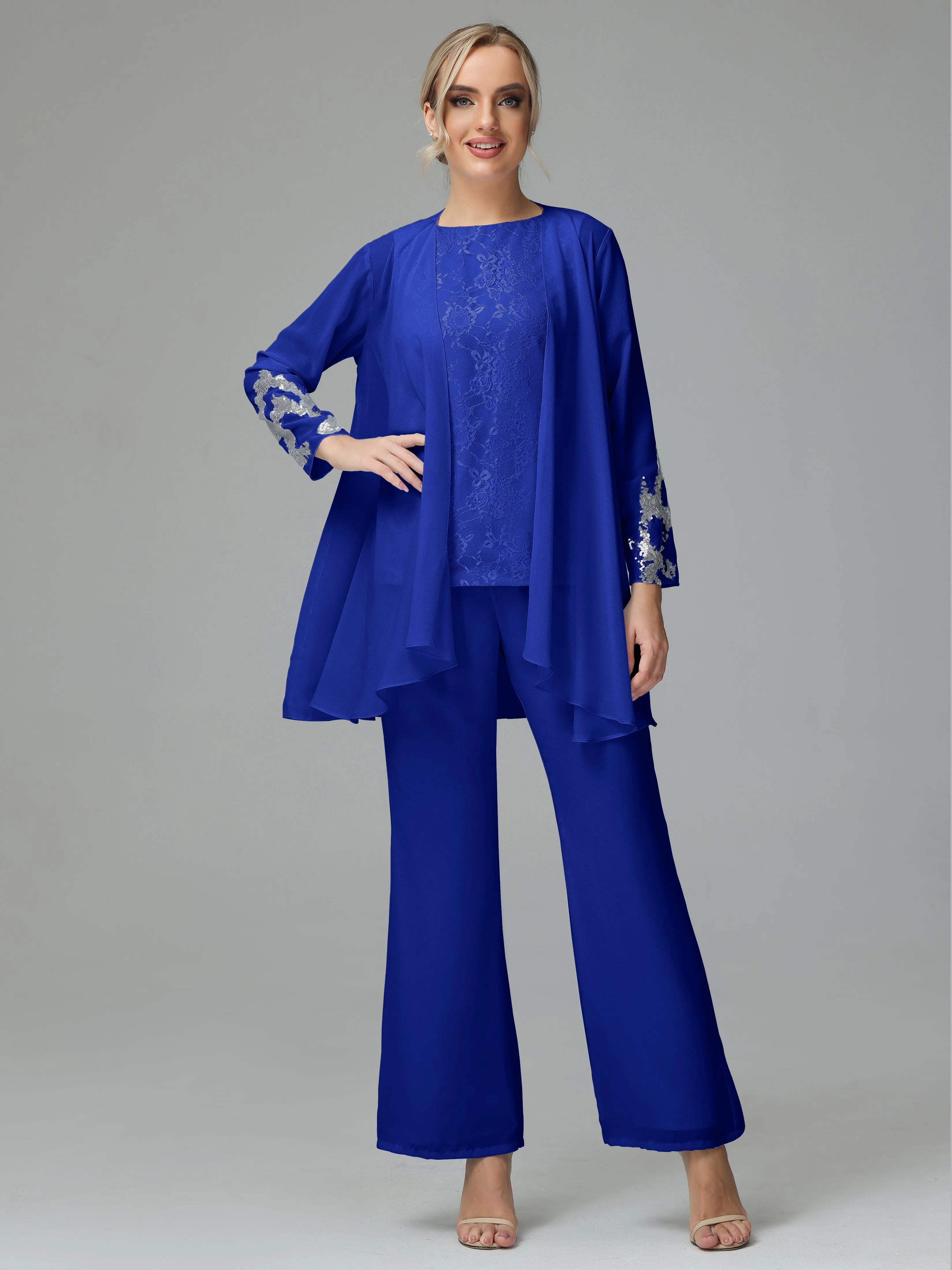 Chiffon 3 Pieces Mother of the Bride Dress Pant Suits With Appliques