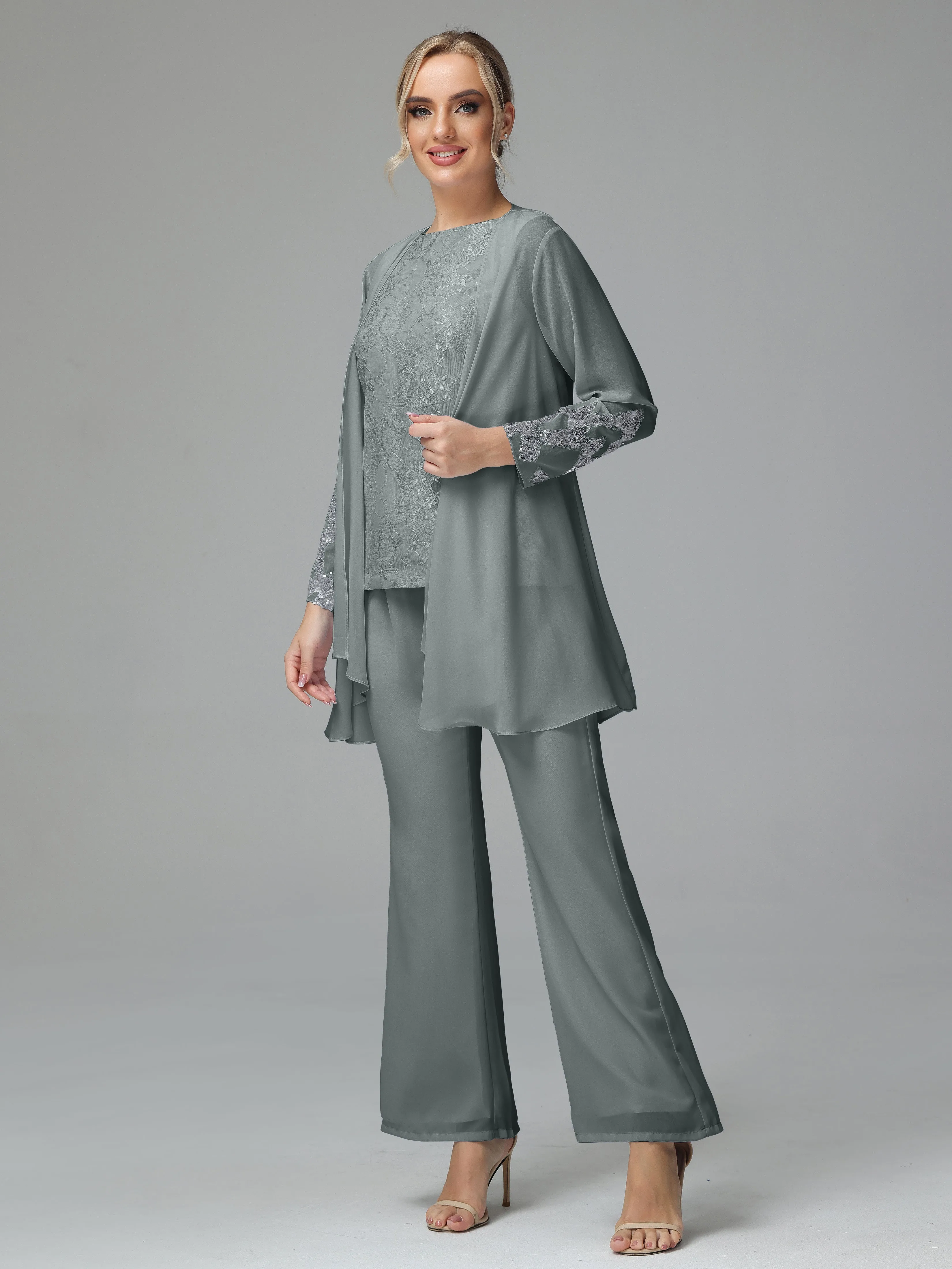 Chiffon 3 Pieces Mother of the Bride Dress Pant Suits With Appliques