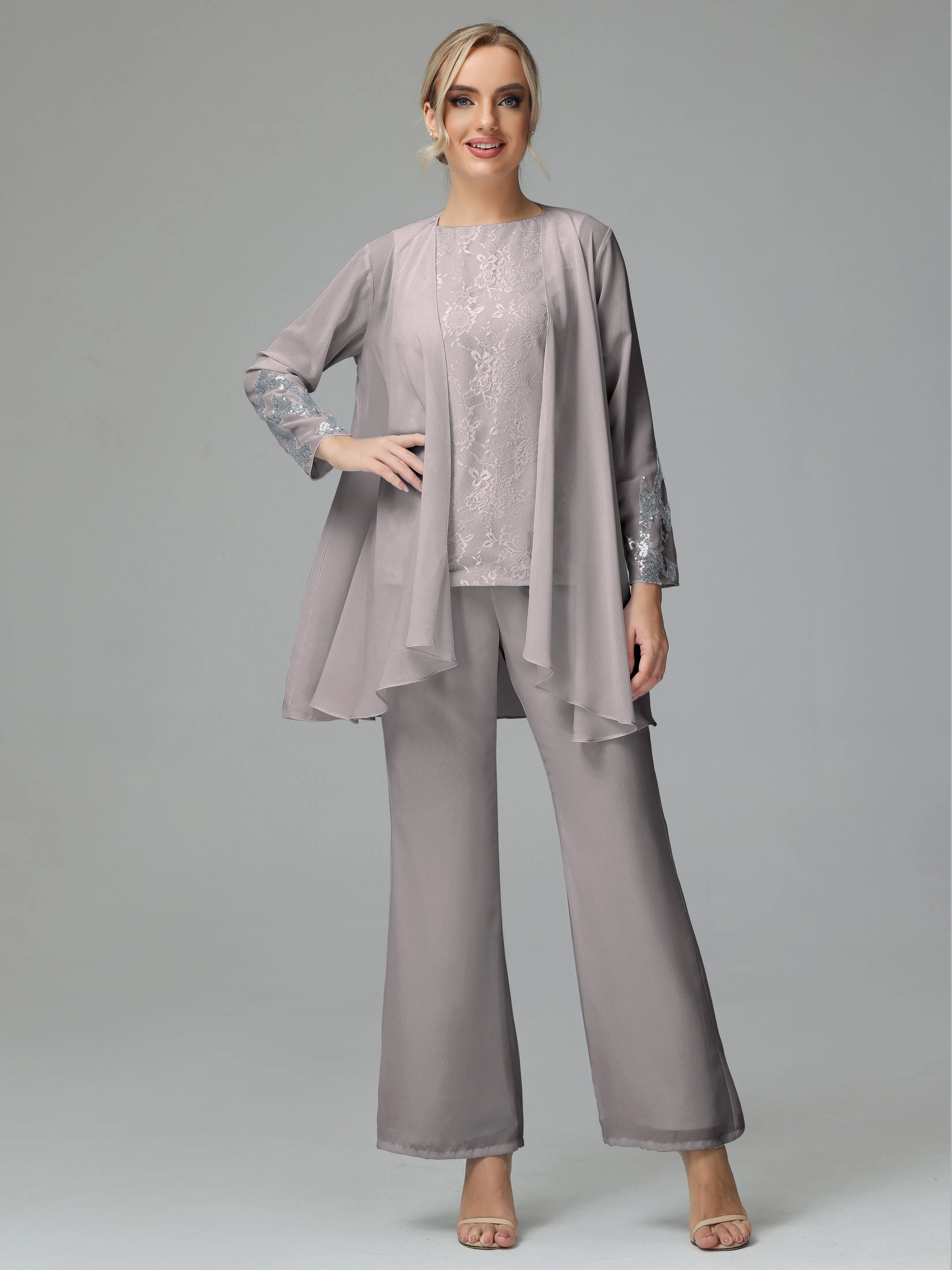 Chiffon 3 Pieces Mother of the Bride Dress Pant Suits With Appliques