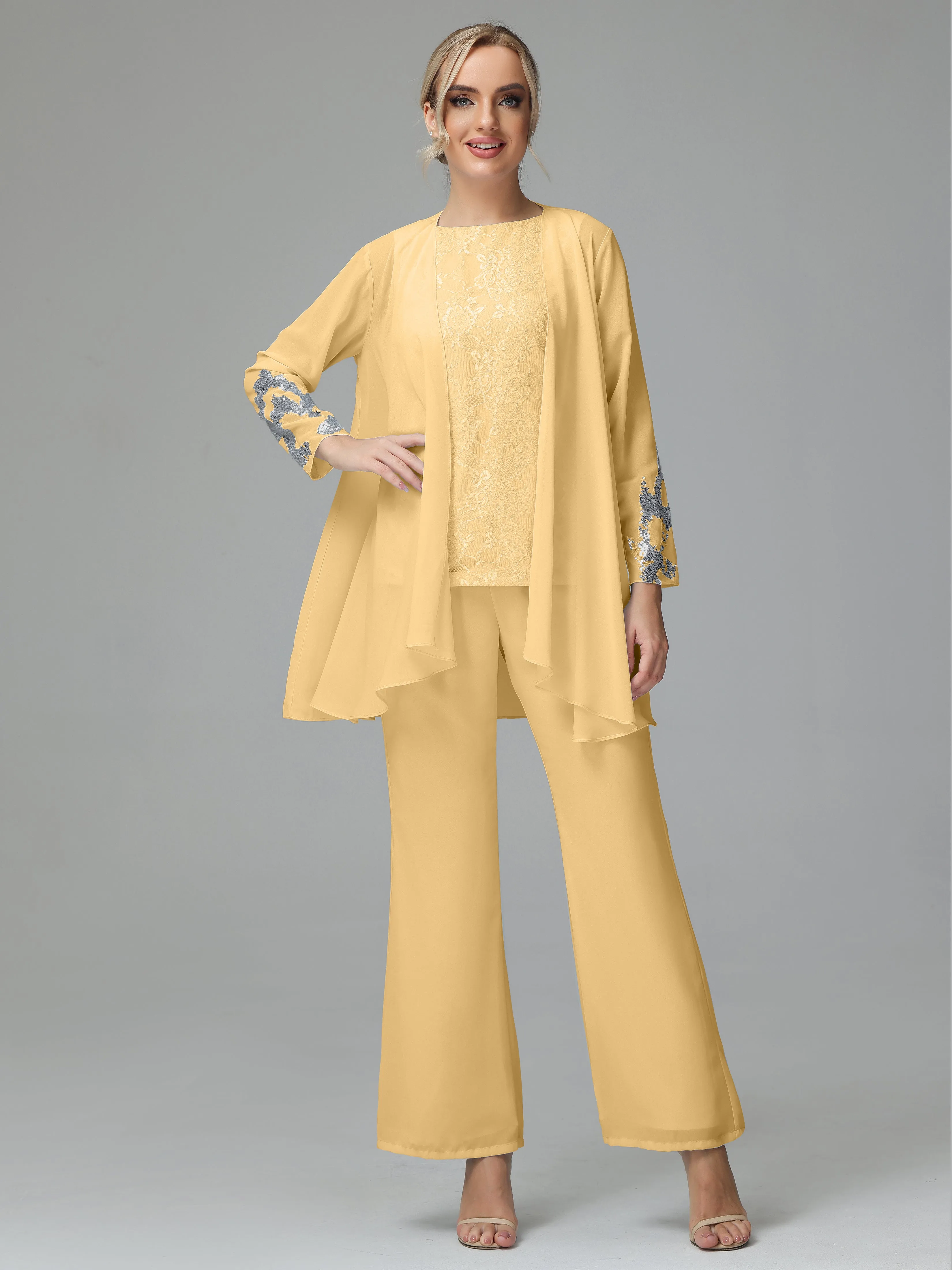 Chiffon 3 Pieces Mother of the Bride Dress Pant Suits With Appliques
