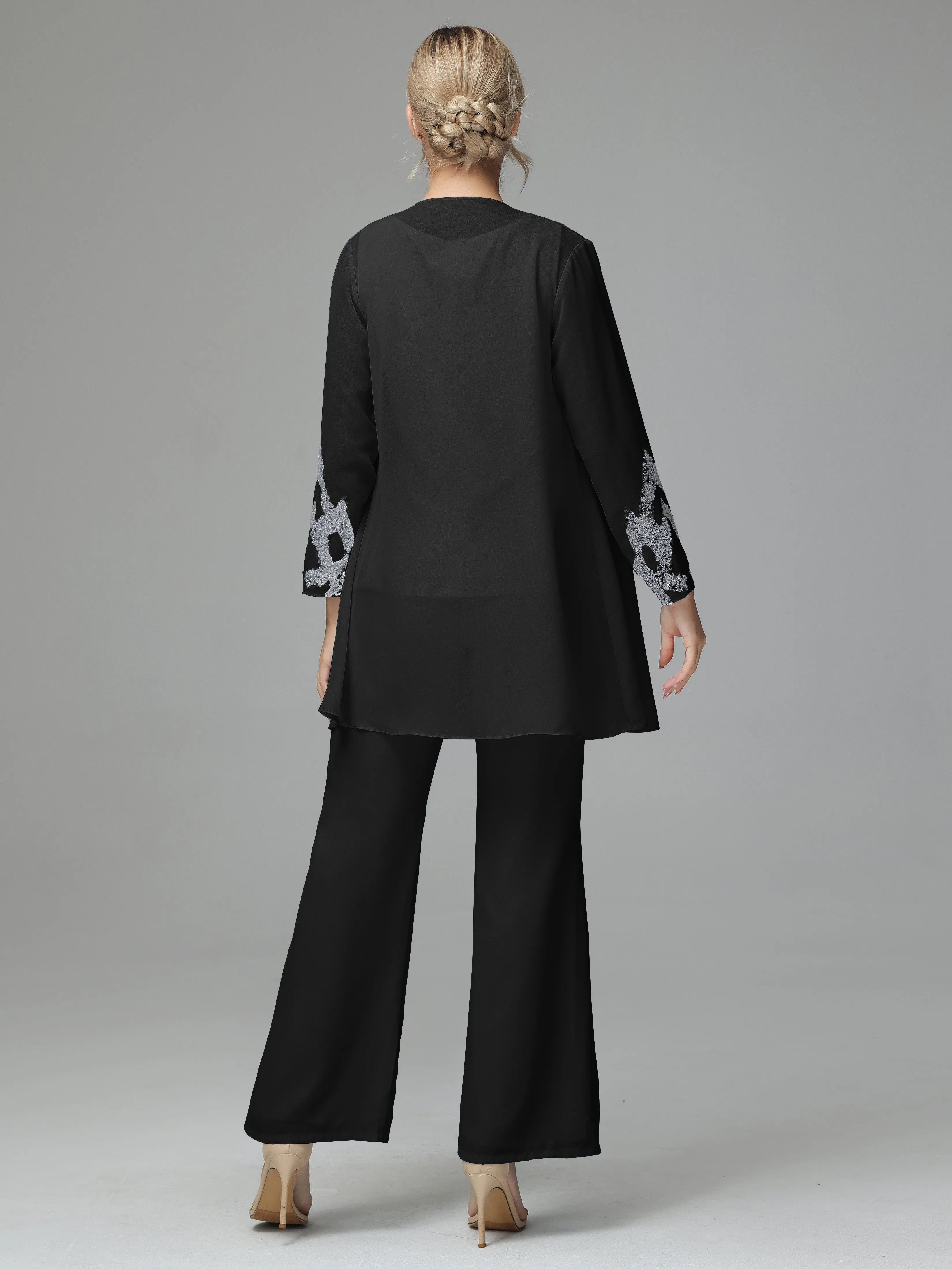 Chiffon 3 Pieces Mother of the Bride Dress Pant Suits With Appliques