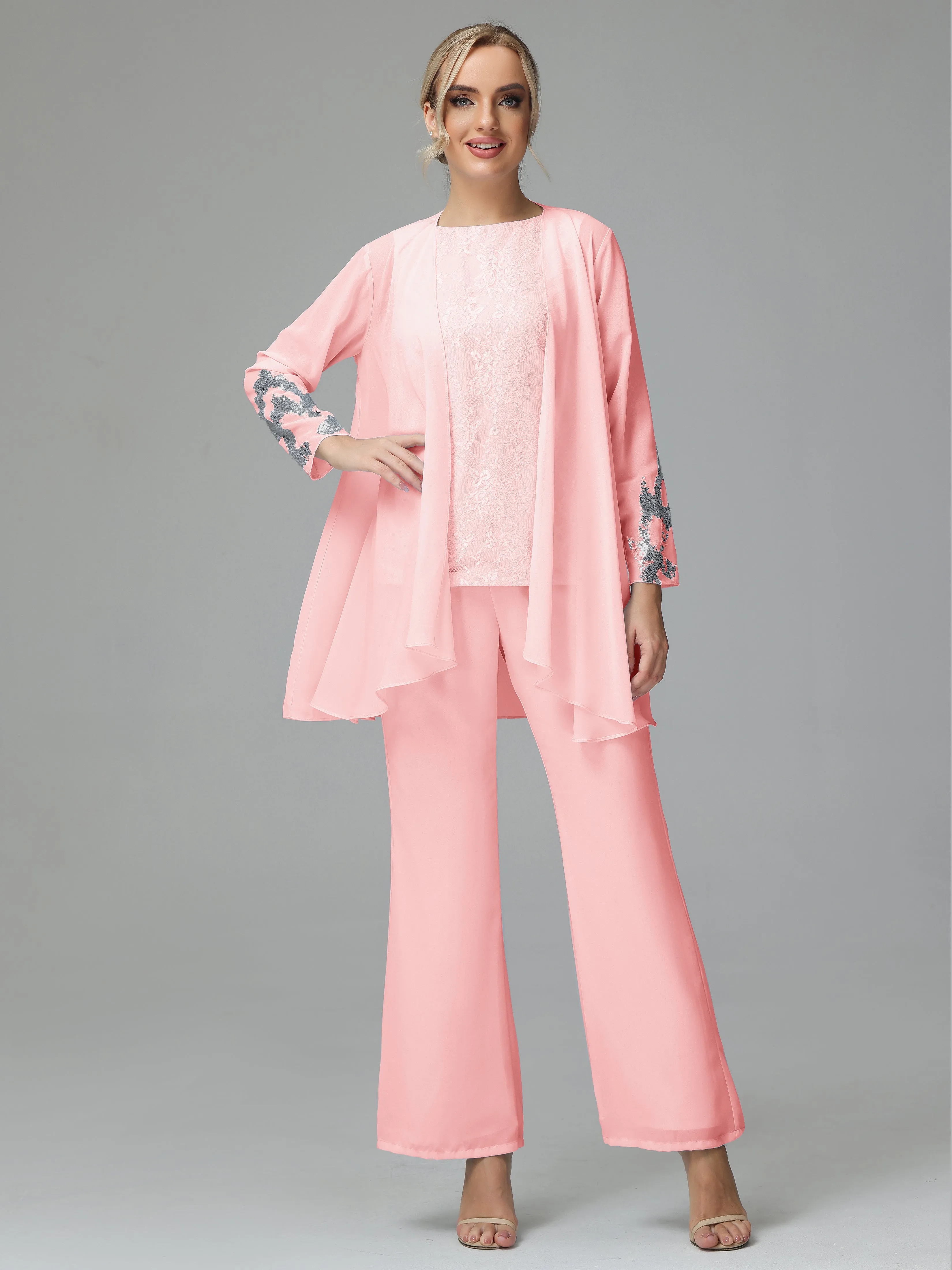 Chiffon 3 Pieces Mother of the Bride Dress Pant Suits With Appliques