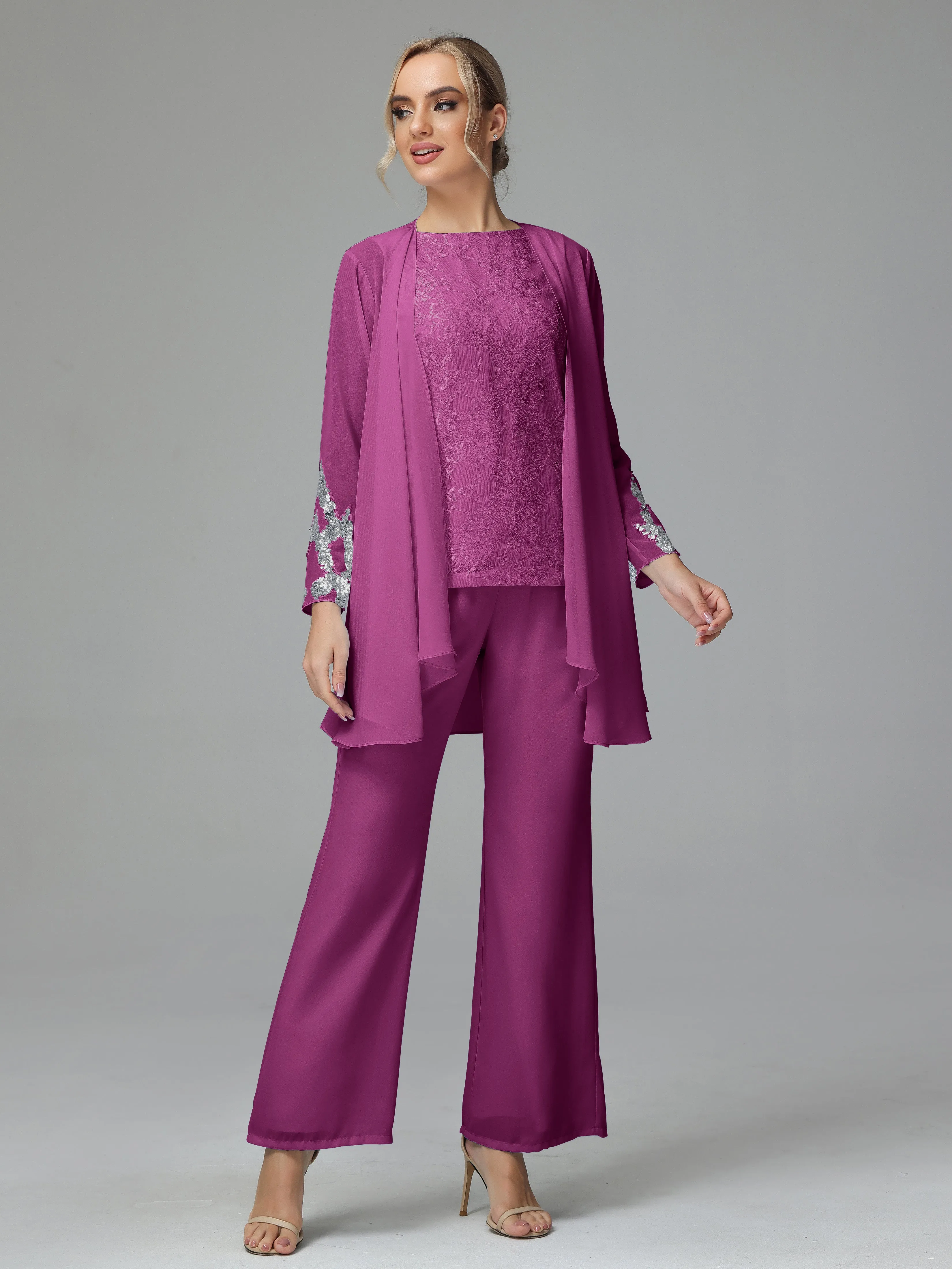 Chiffon 3 Pieces Mother of the Bride Dress Pant Suits With Appliques
