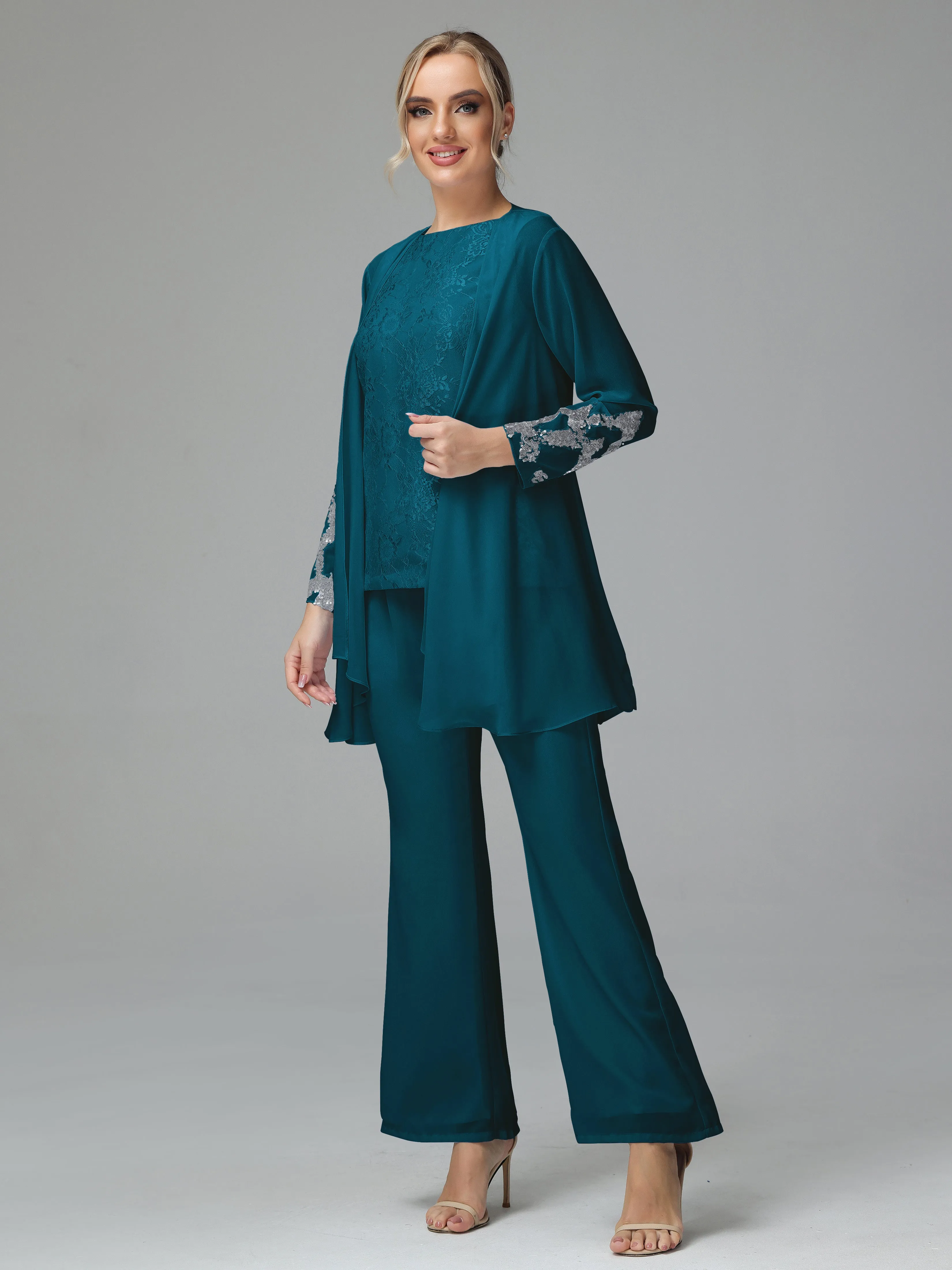 Chiffon 3 Pieces Mother of the Bride Dress Pant Suits With Appliques