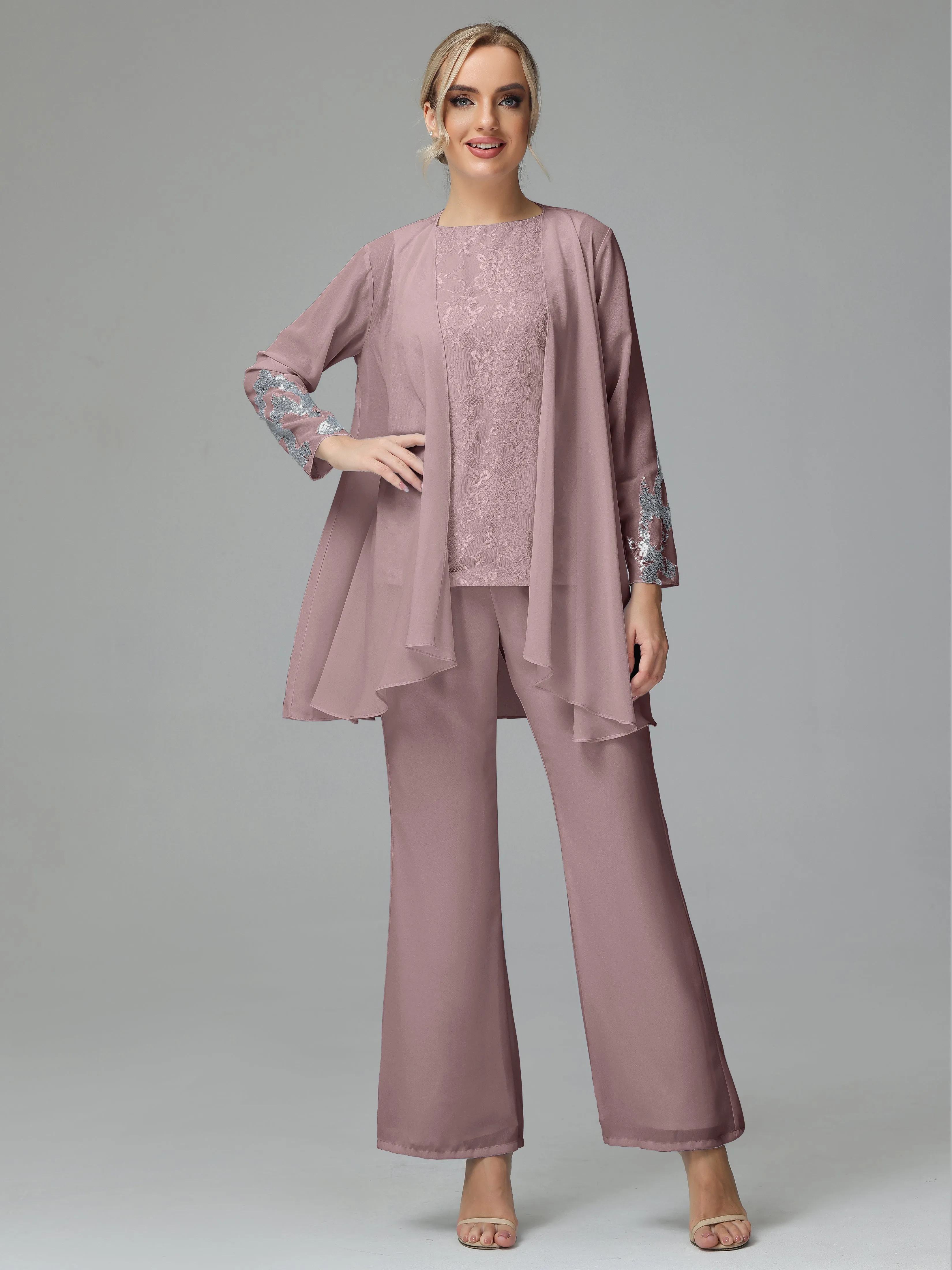 Chiffon 3 Pieces Mother of the Bride Dress Pant Suits With Appliques