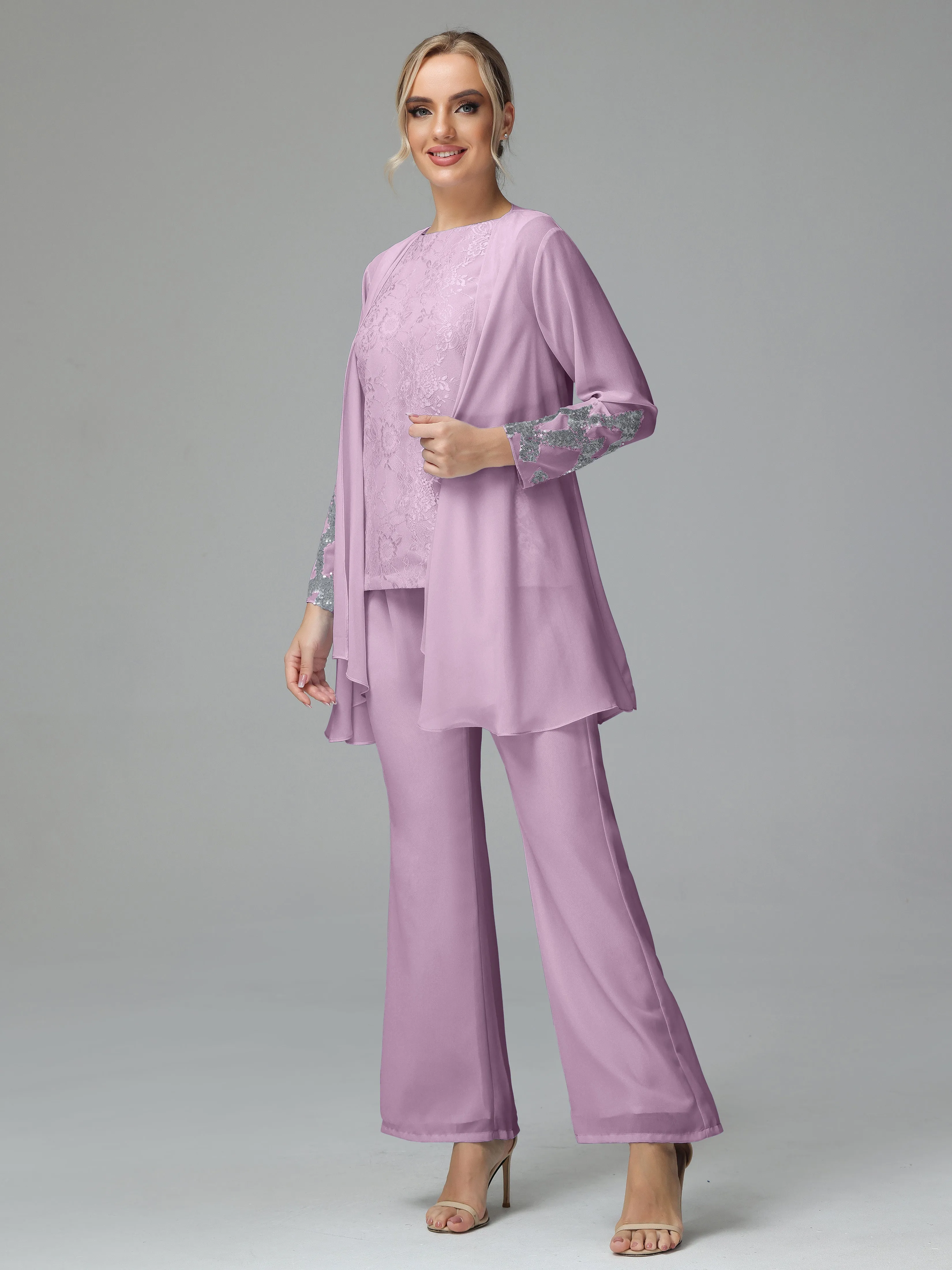 Chiffon 3 Pieces Mother of the Bride Dress Pant Suits With Appliques