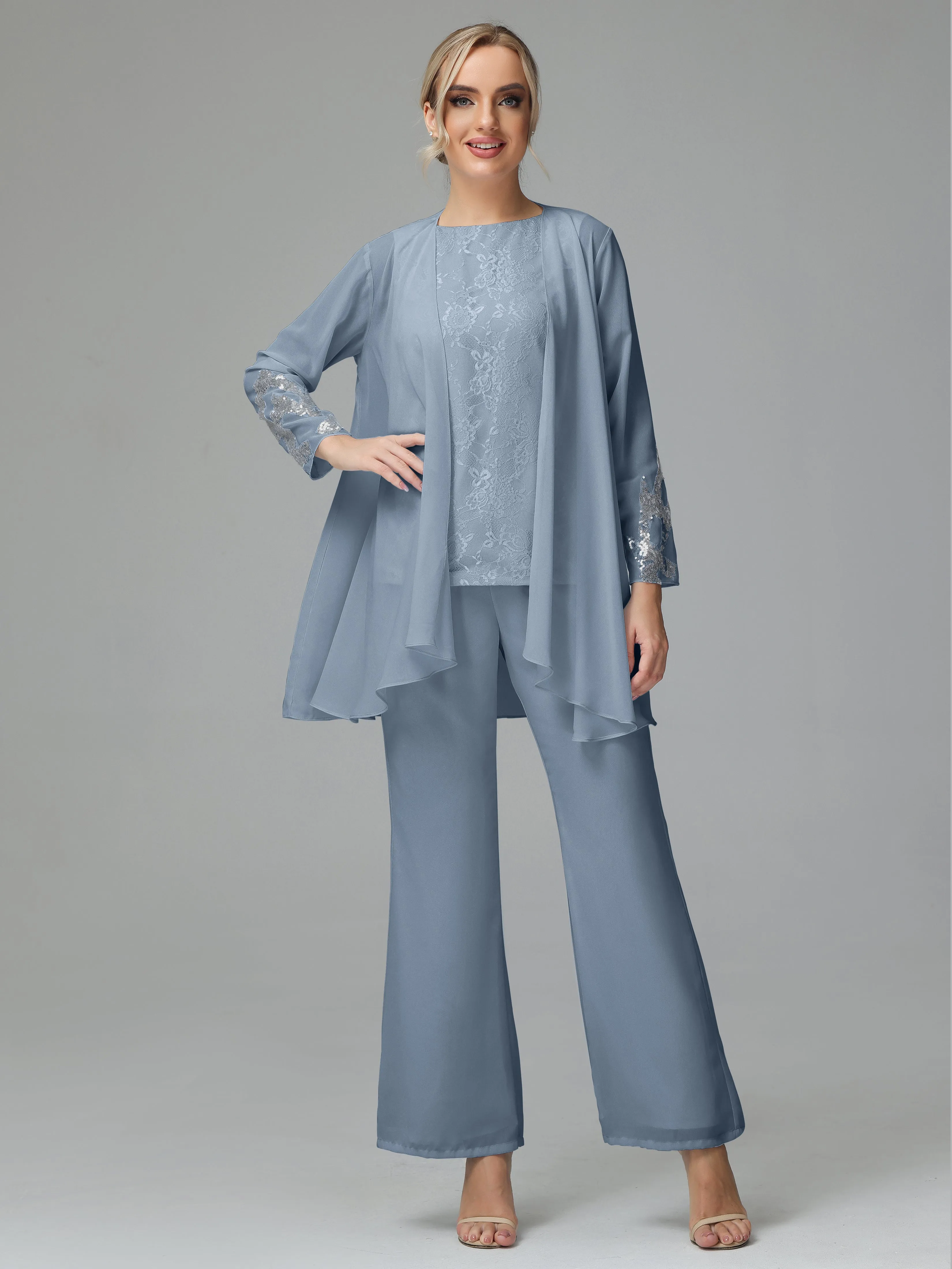 Chiffon 3 Pieces Mother of the Bride Dress Pant Suits With Appliques