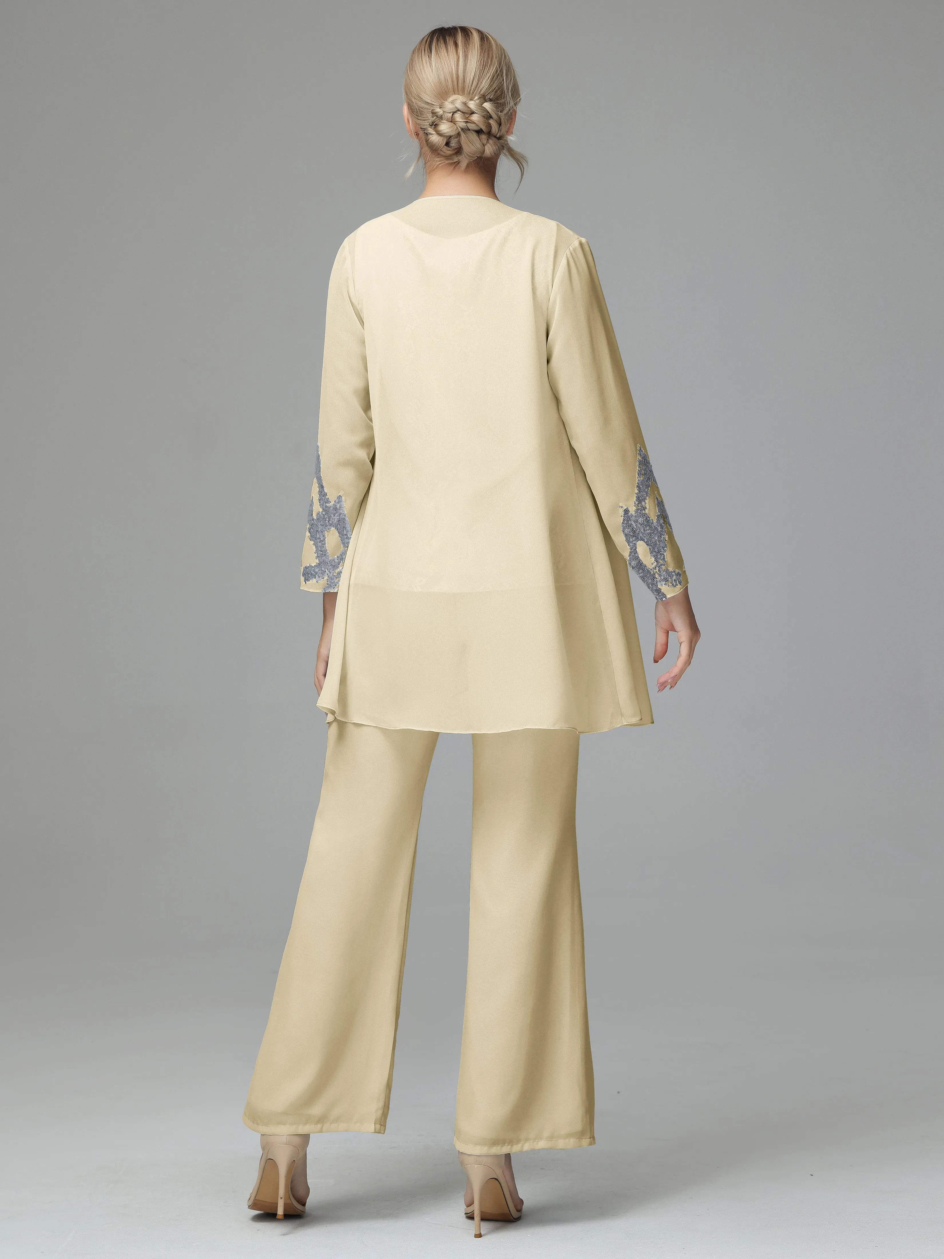 Chiffon 3 Pieces Mother of the Bride Dress Pant Suits With Appliques