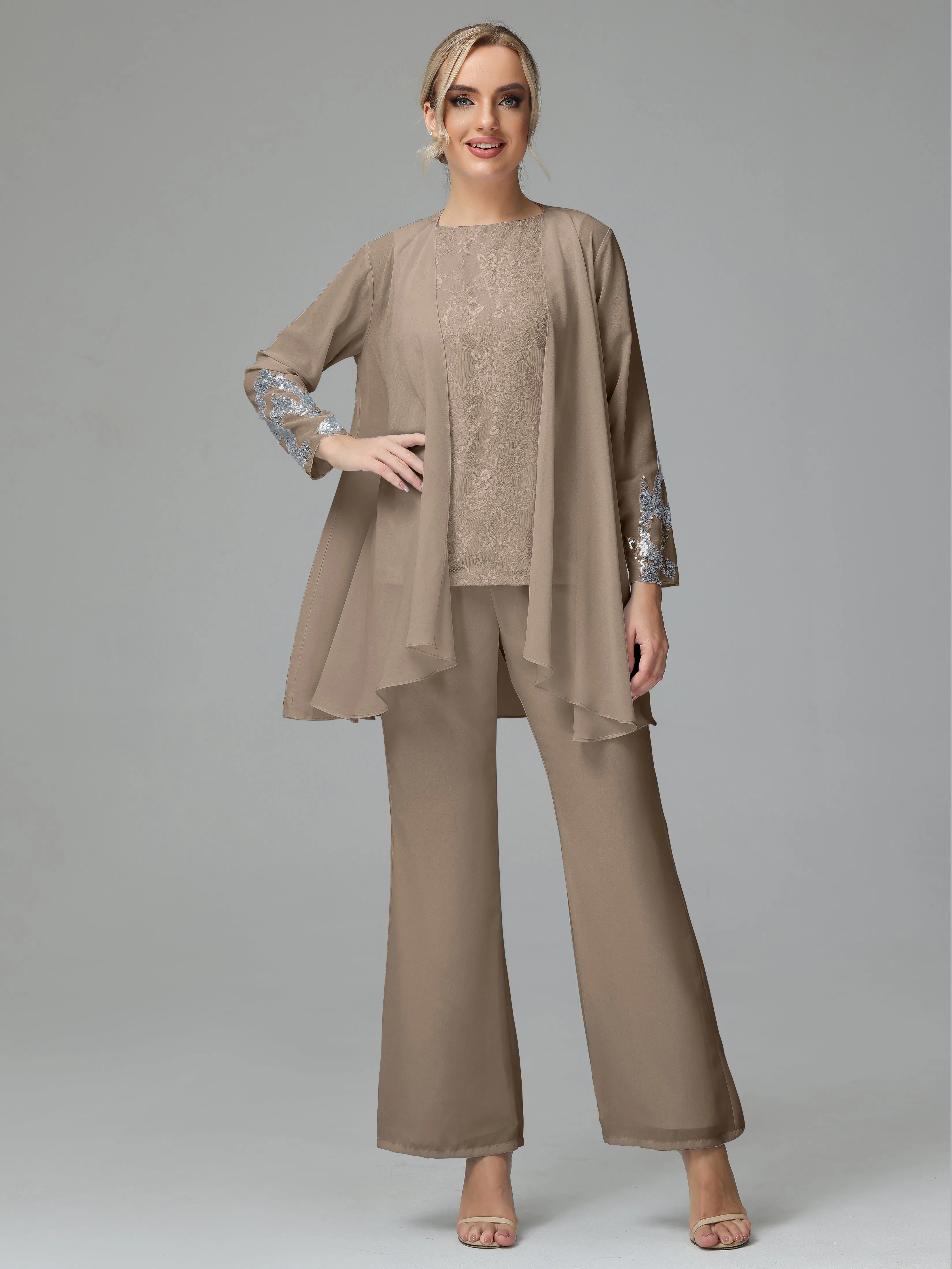Chiffon 3 Pieces Mother of the Bride Dress Pant Suits With Appliques