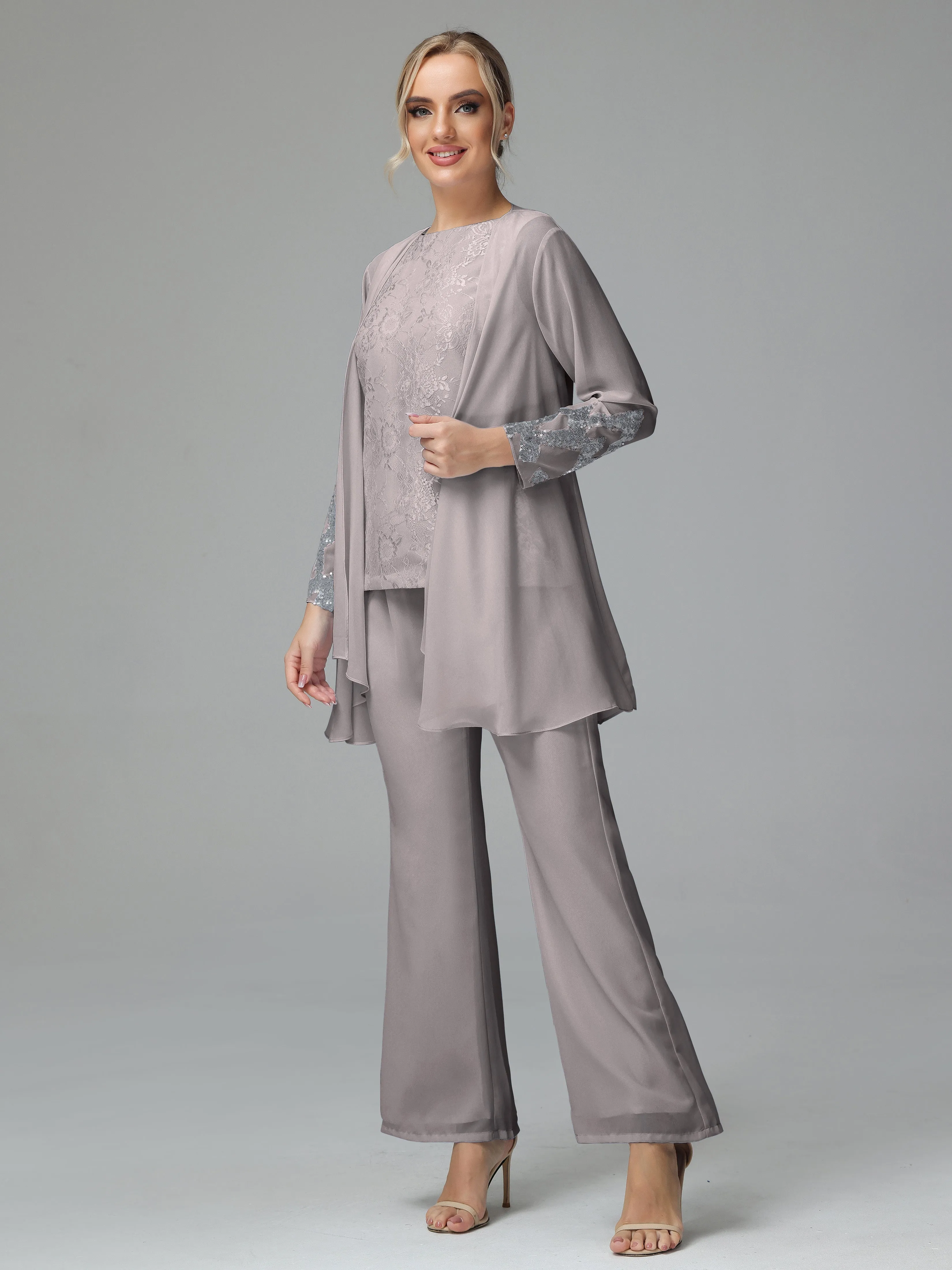 Chiffon 3 Pieces Mother of the Bride Dress Pant Suits With Appliques