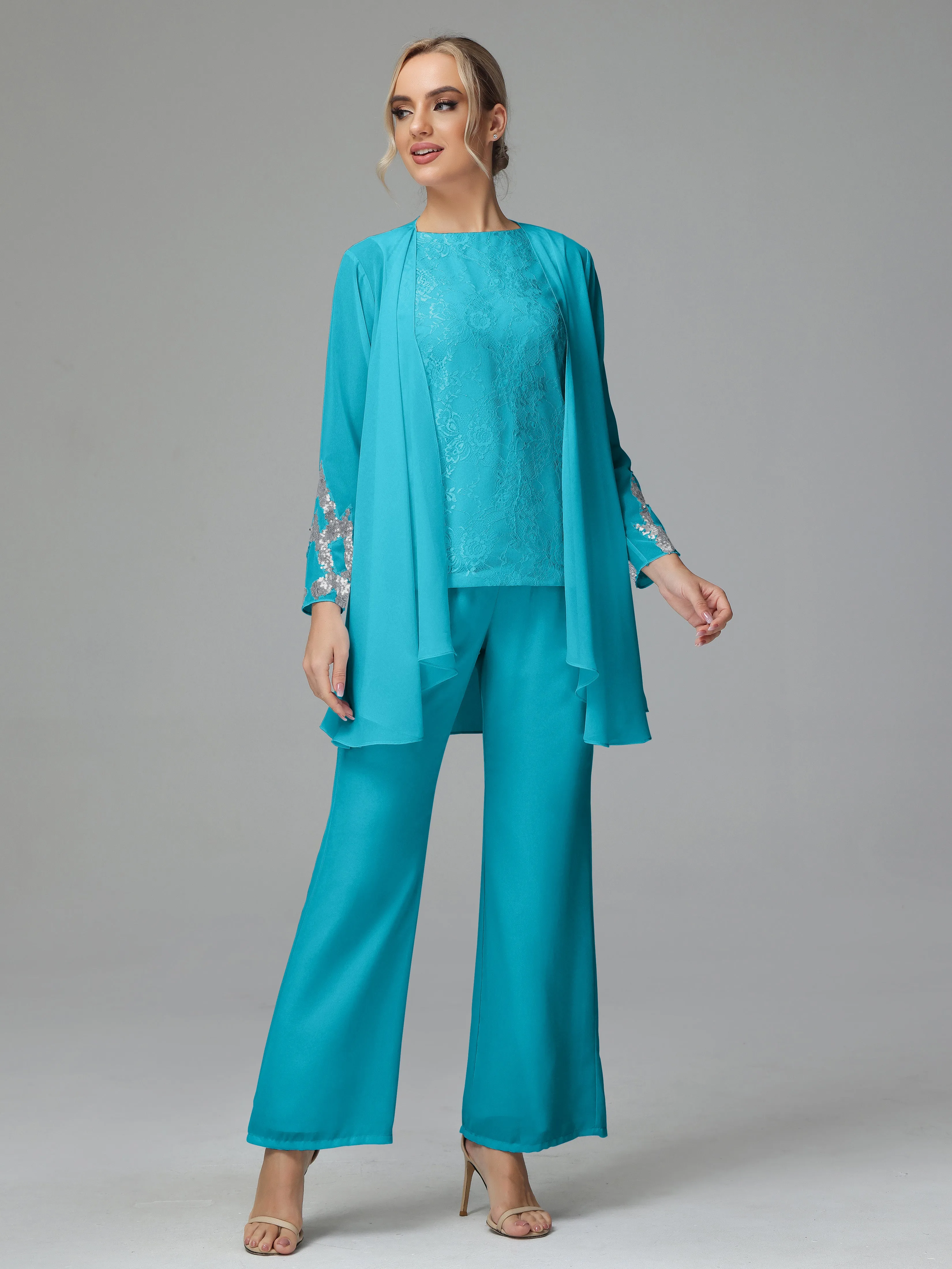 Chiffon 3 Pieces Mother of the Bride Dress Pant Suits With Appliques