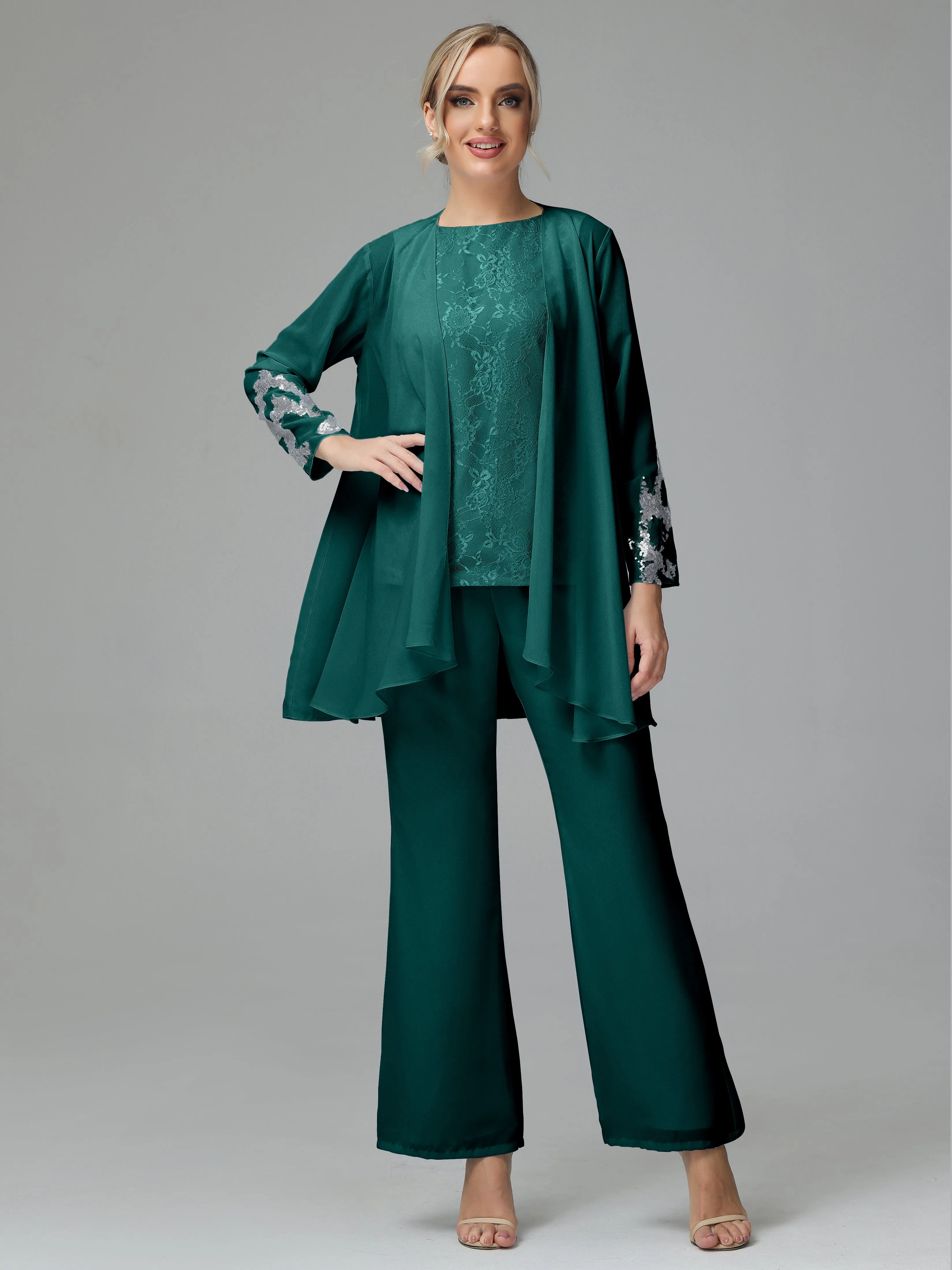 Chiffon 3 Pieces Mother of the Bride Dress Pant Suits With Appliques