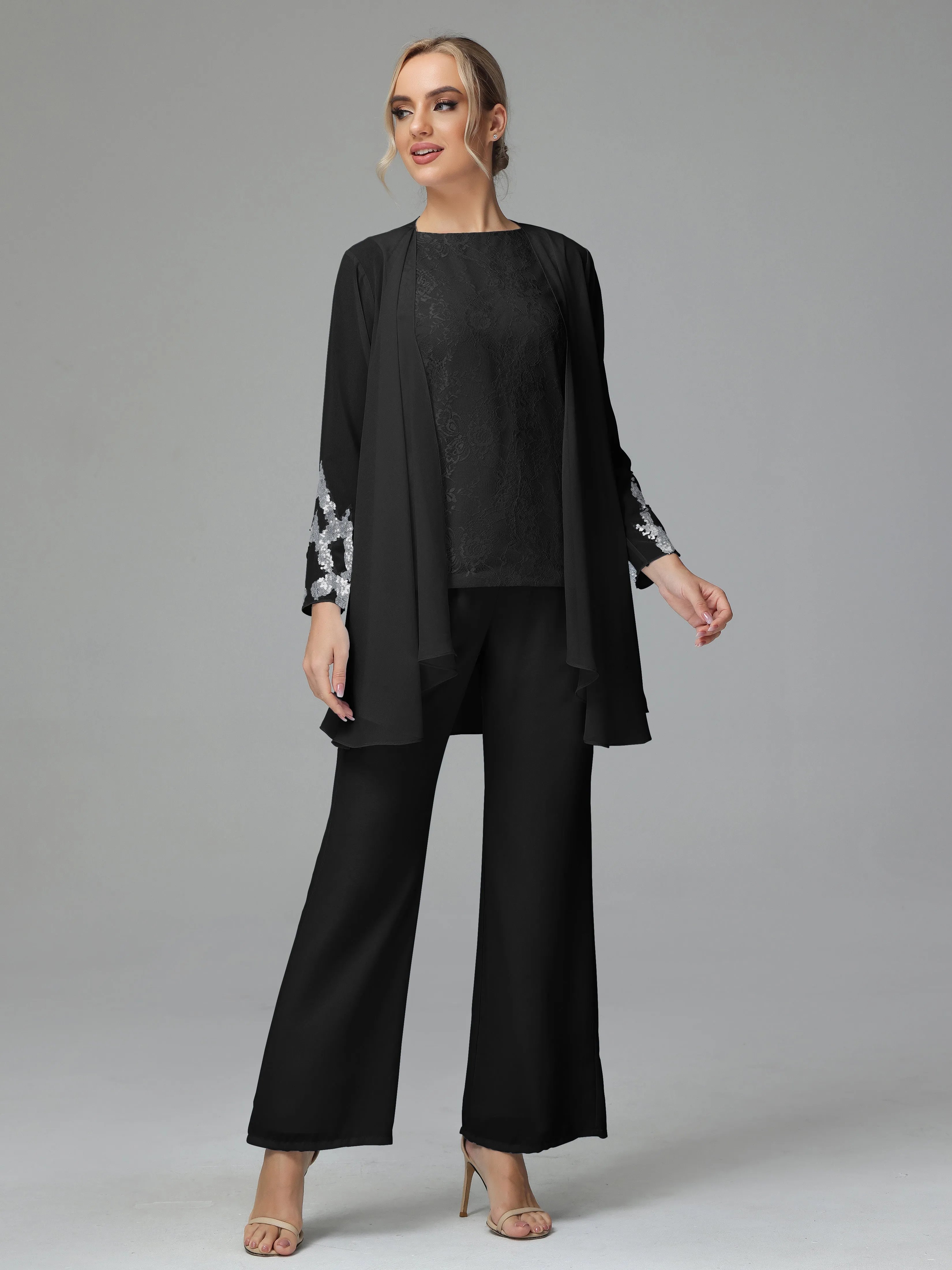 Chiffon 3 Pieces Mother of the Bride Dress Pant Suits With Appliques