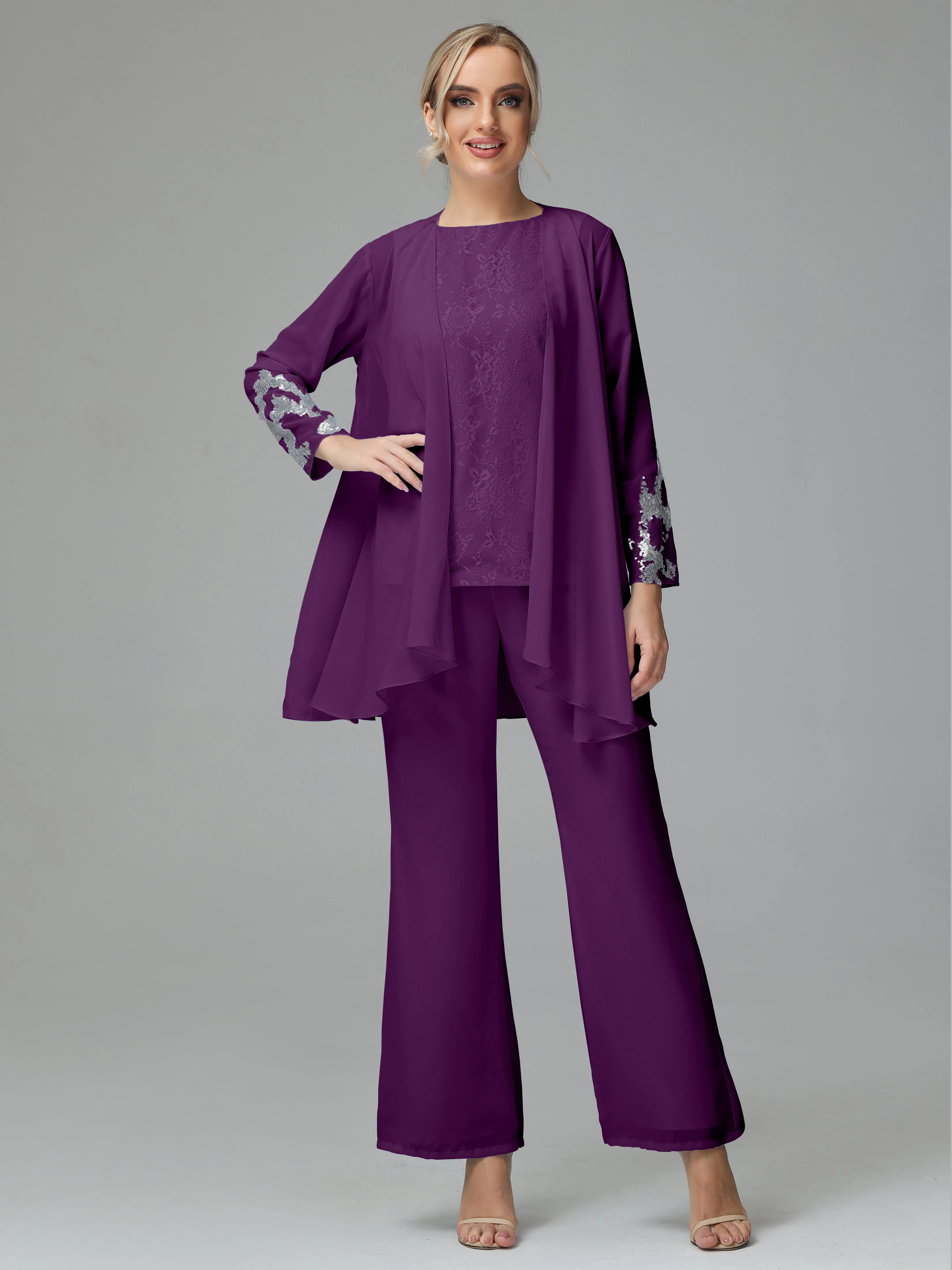 Chiffon 3 Pieces Mother of the Bride Dress Pant Suits With Appliques