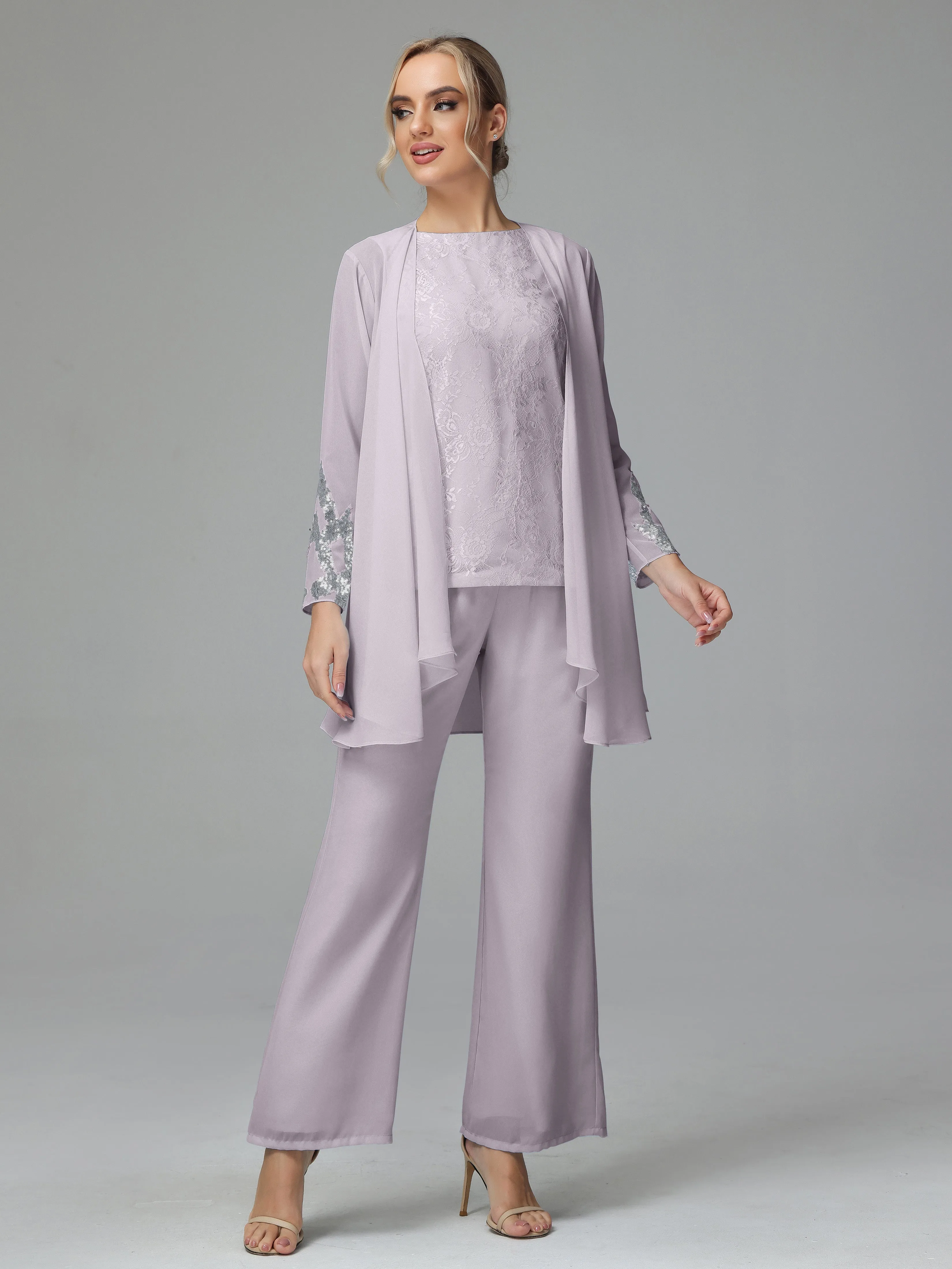 Chiffon 3 Pieces Mother of the Bride Dress Pant Suits With Appliques