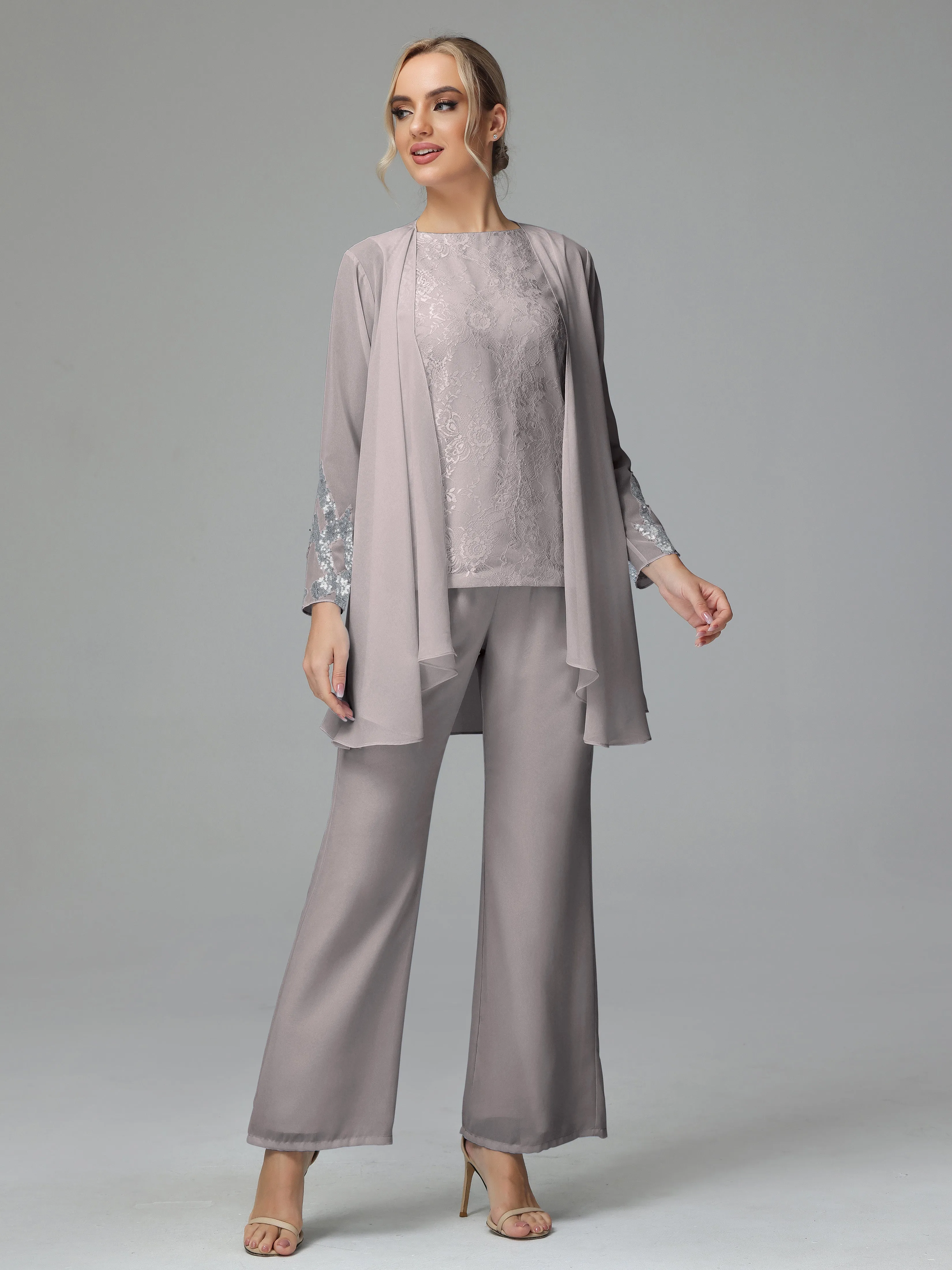 Chiffon 3 Pieces Mother of the Bride Dress Pant Suits With Appliques