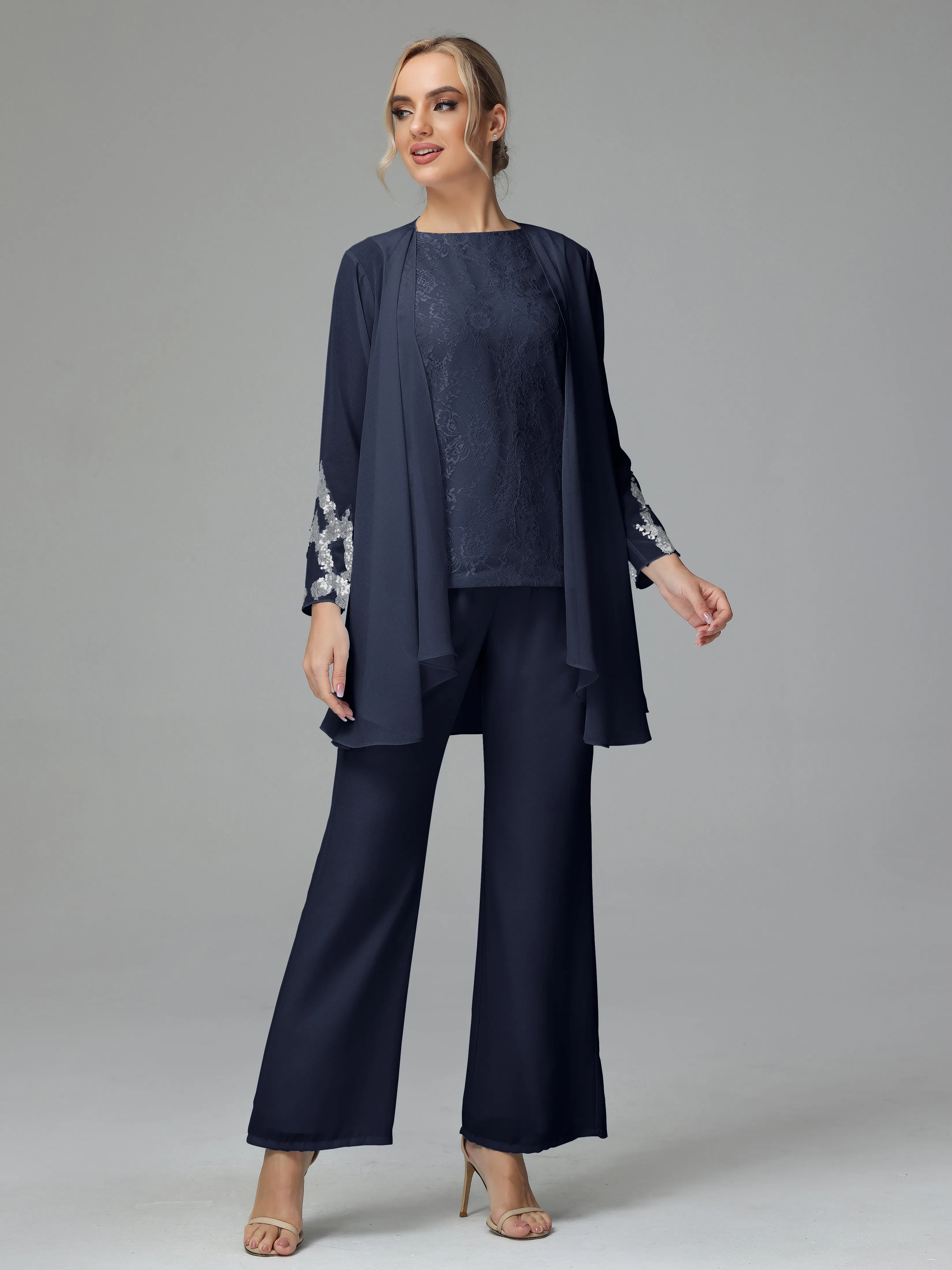Chiffon 3 Pieces Mother of the Bride Dress Pant Suits With Appliques