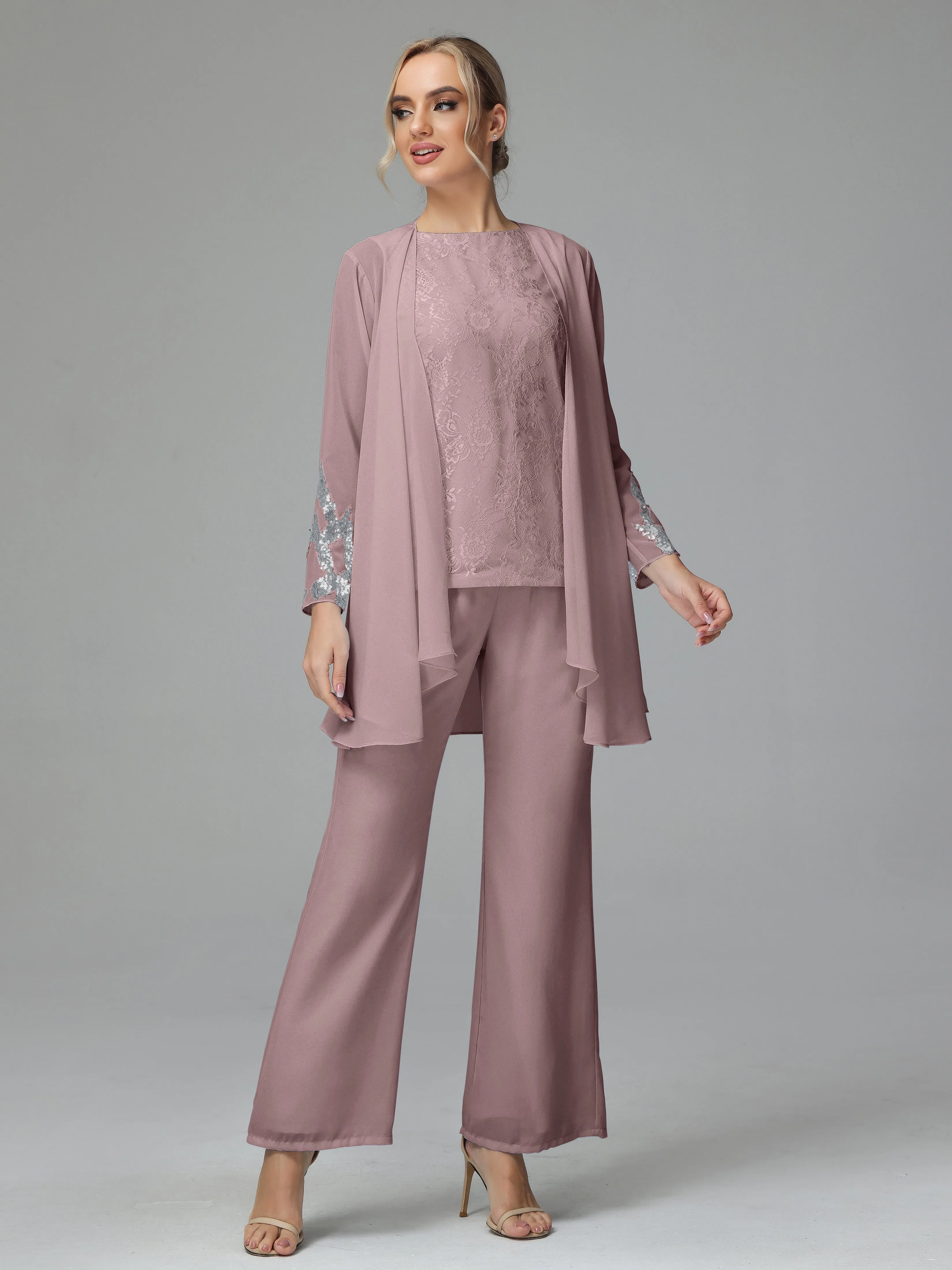 Chiffon 3 Pieces Mother of the Bride Dress Pant Suits With Appliques