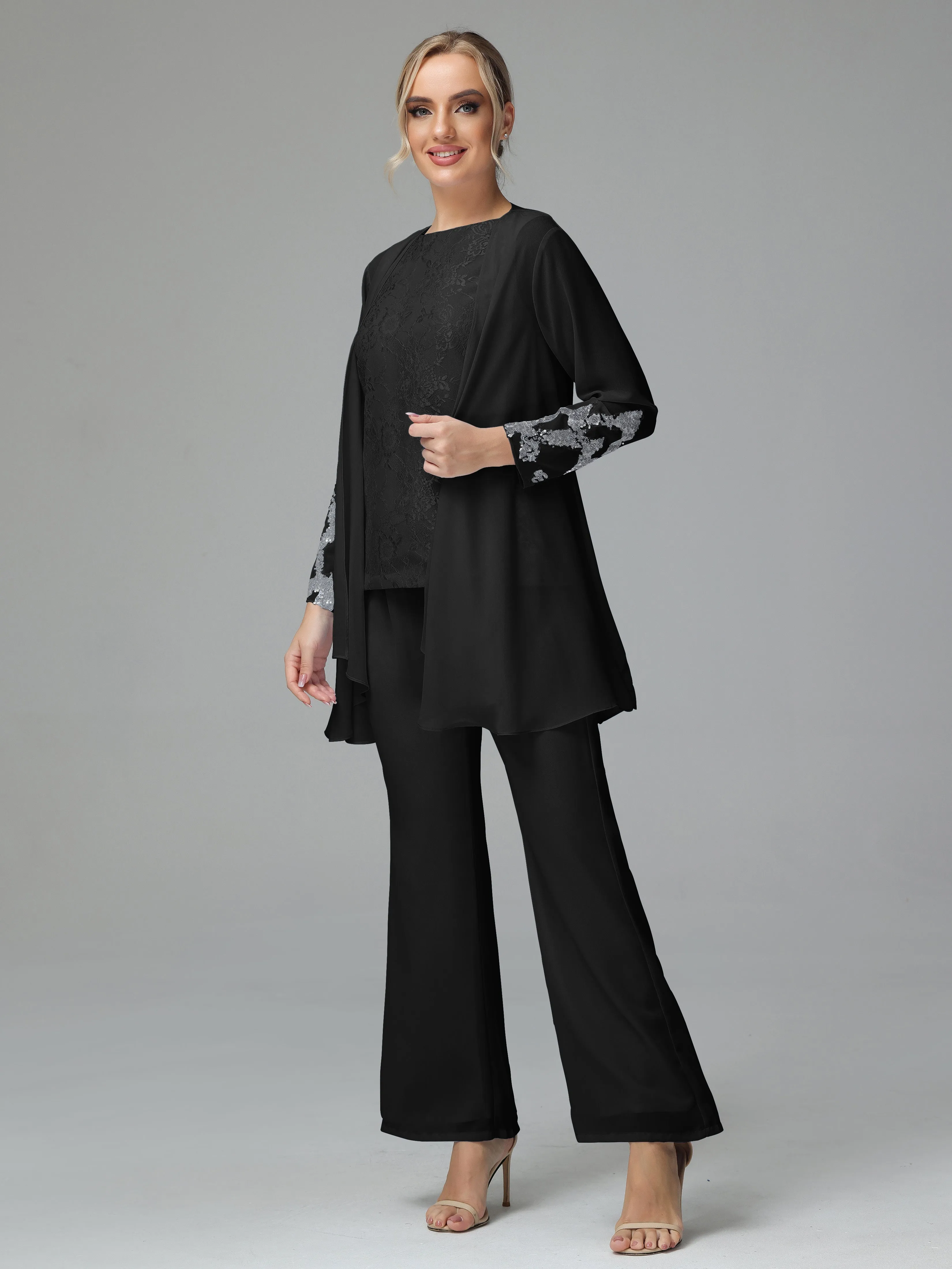 Chiffon 3 Pieces Mother of the Bride Dress Pant Suits With Appliques