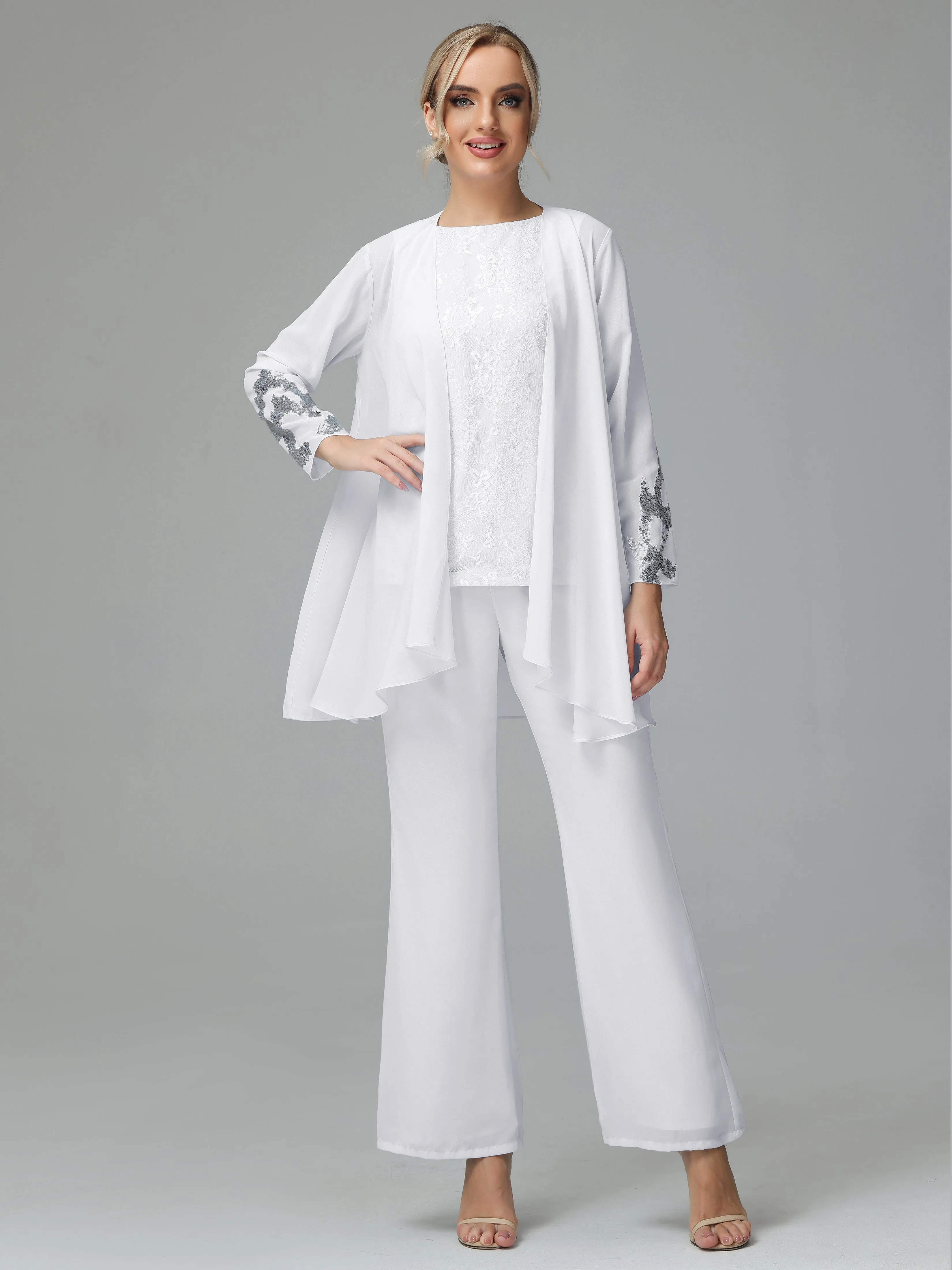 Chiffon 3 Pieces Mother of the Bride Dress Pant Suits With Appliques