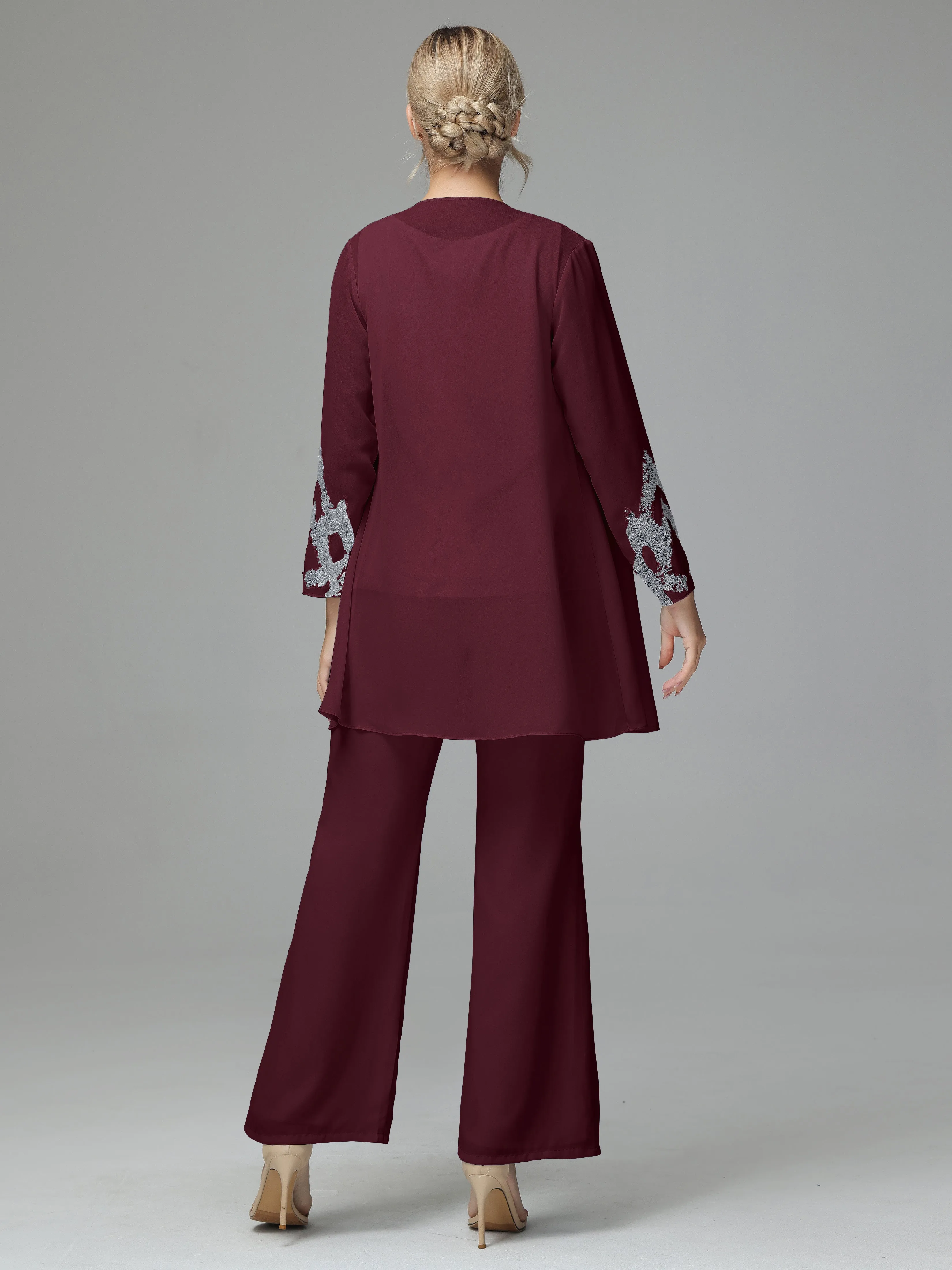Chiffon 3 Pieces Mother of the Bride Dress Pant Suits With Appliques