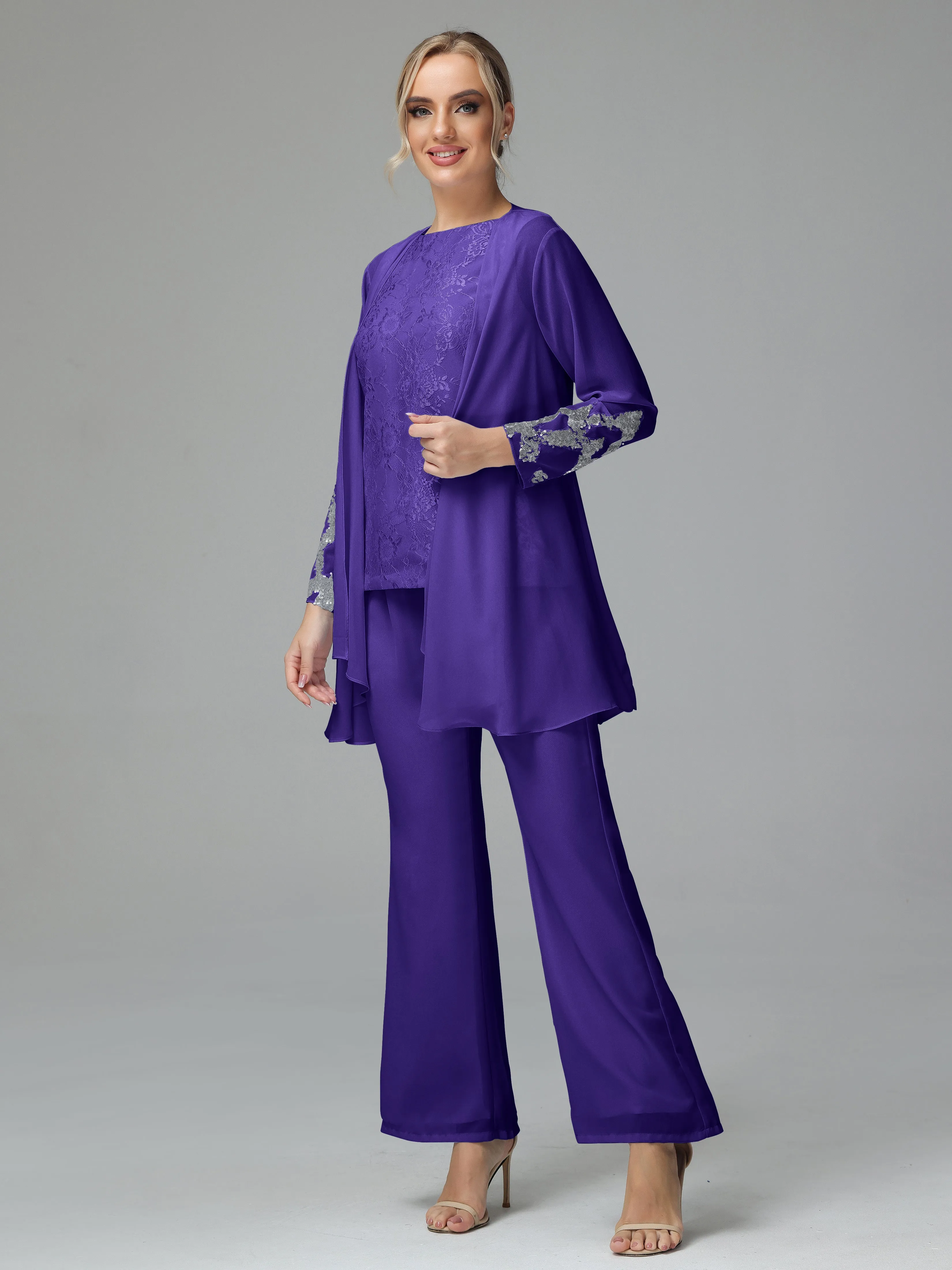 Chiffon 3 Pieces Mother of the Bride Dress Pant Suits With Appliques
