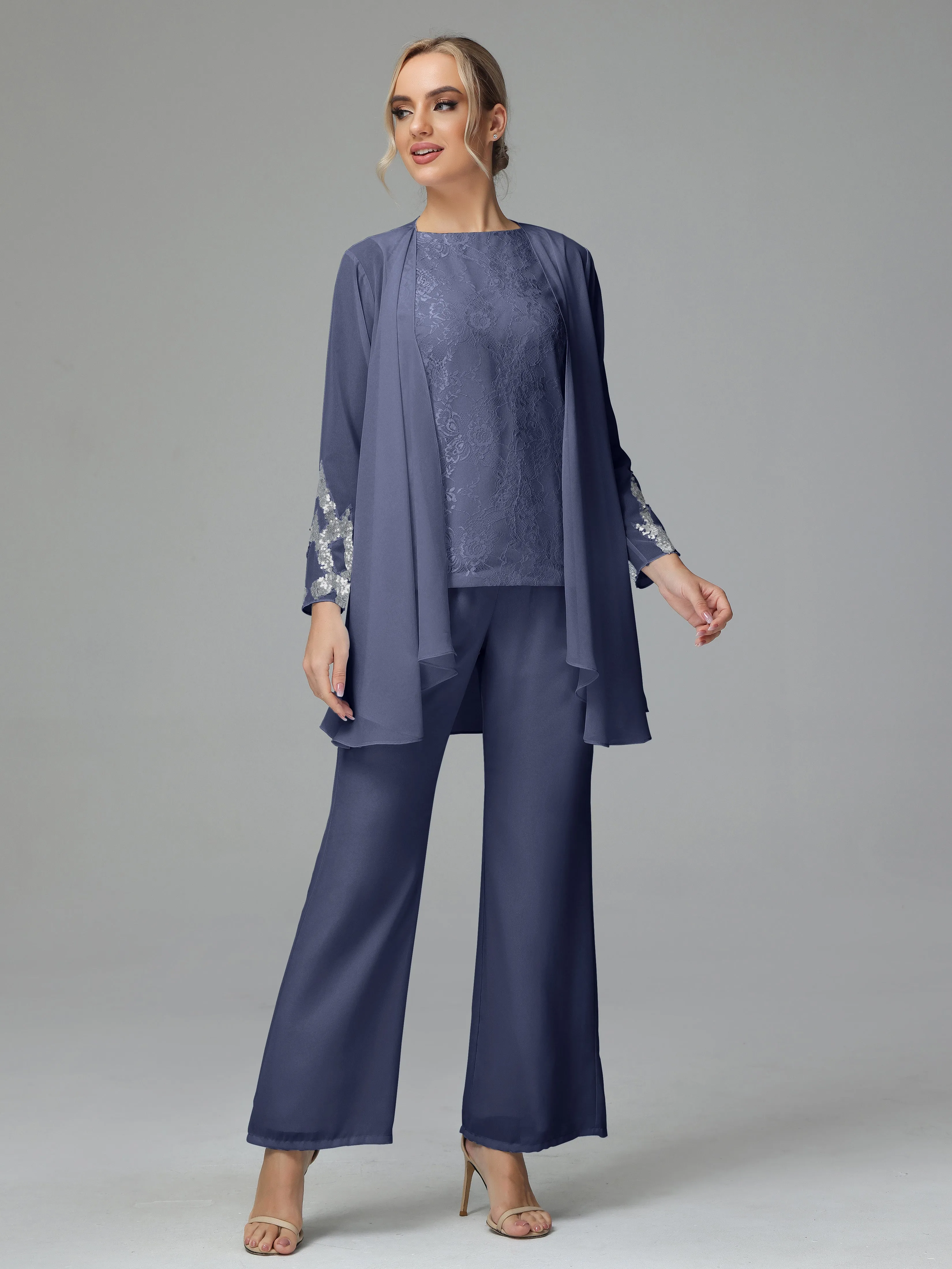 Chiffon 3 Pieces Mother of the Bride Dress Pant Suits With Appliques
