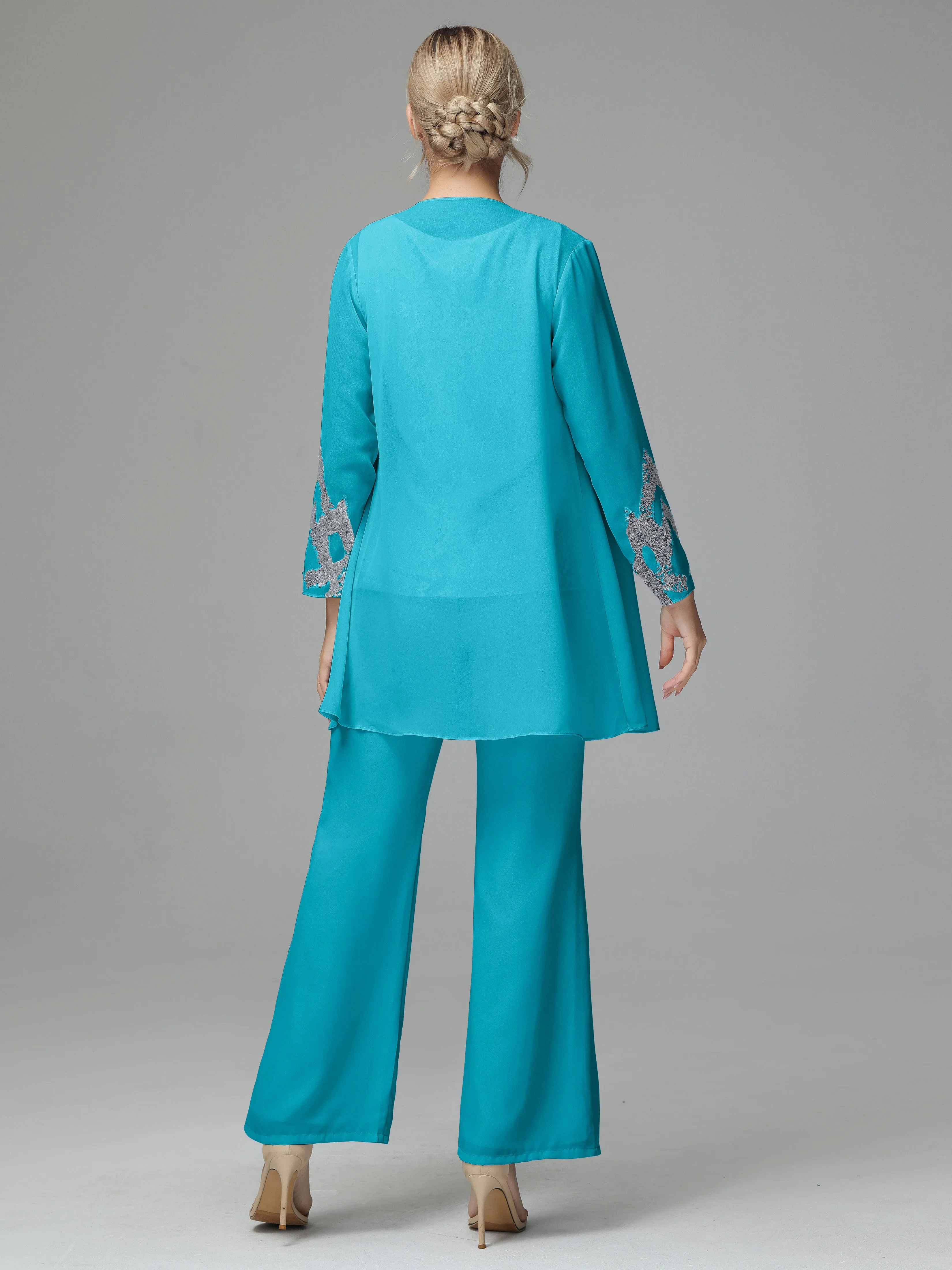 Chiffon 3 Pieces Mother of the Bride Dress Pant Suits With Appliques