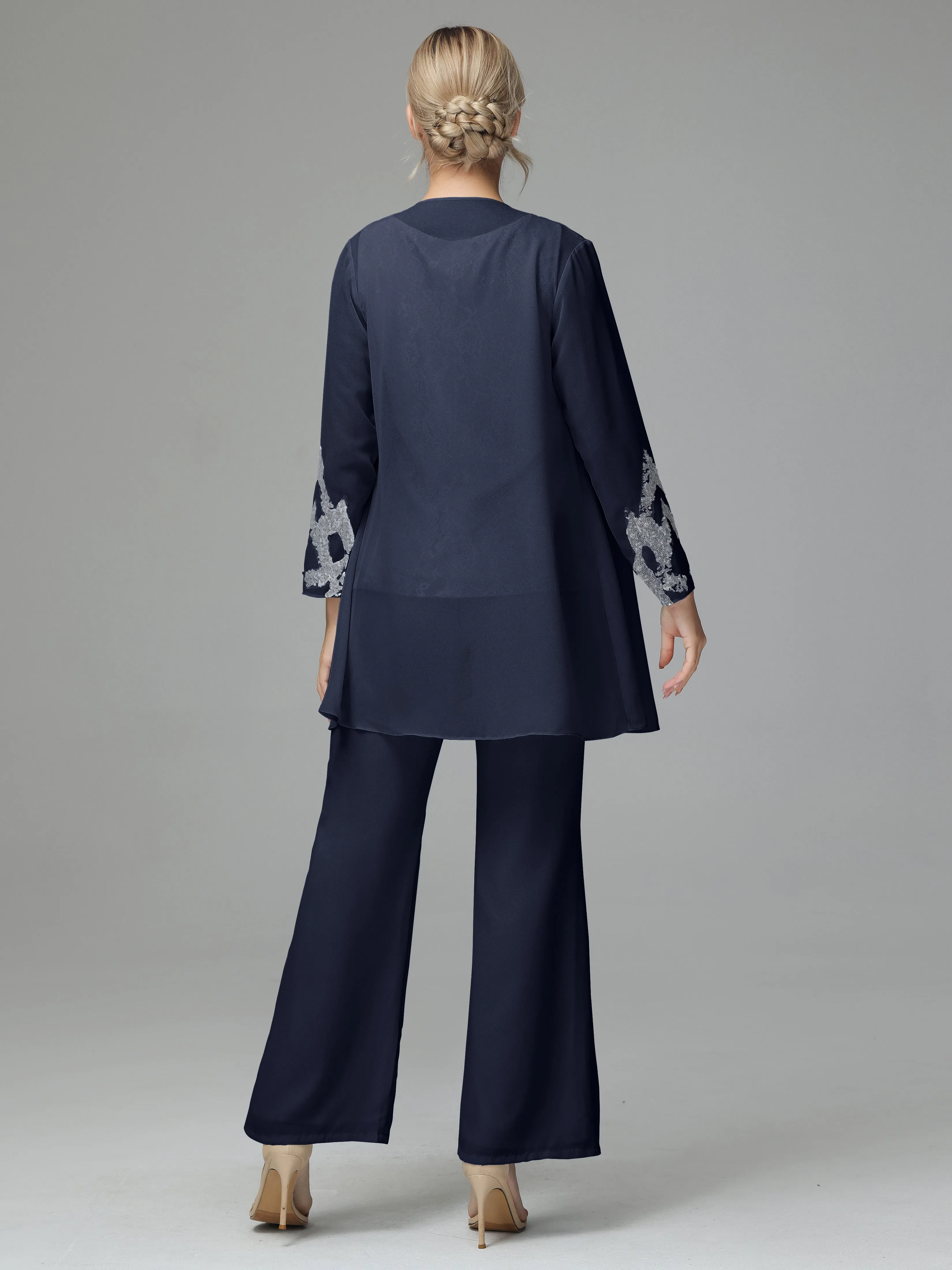 Chiffon 3 Pieces Mother of the Bride Dress Pant Suits With Appliques