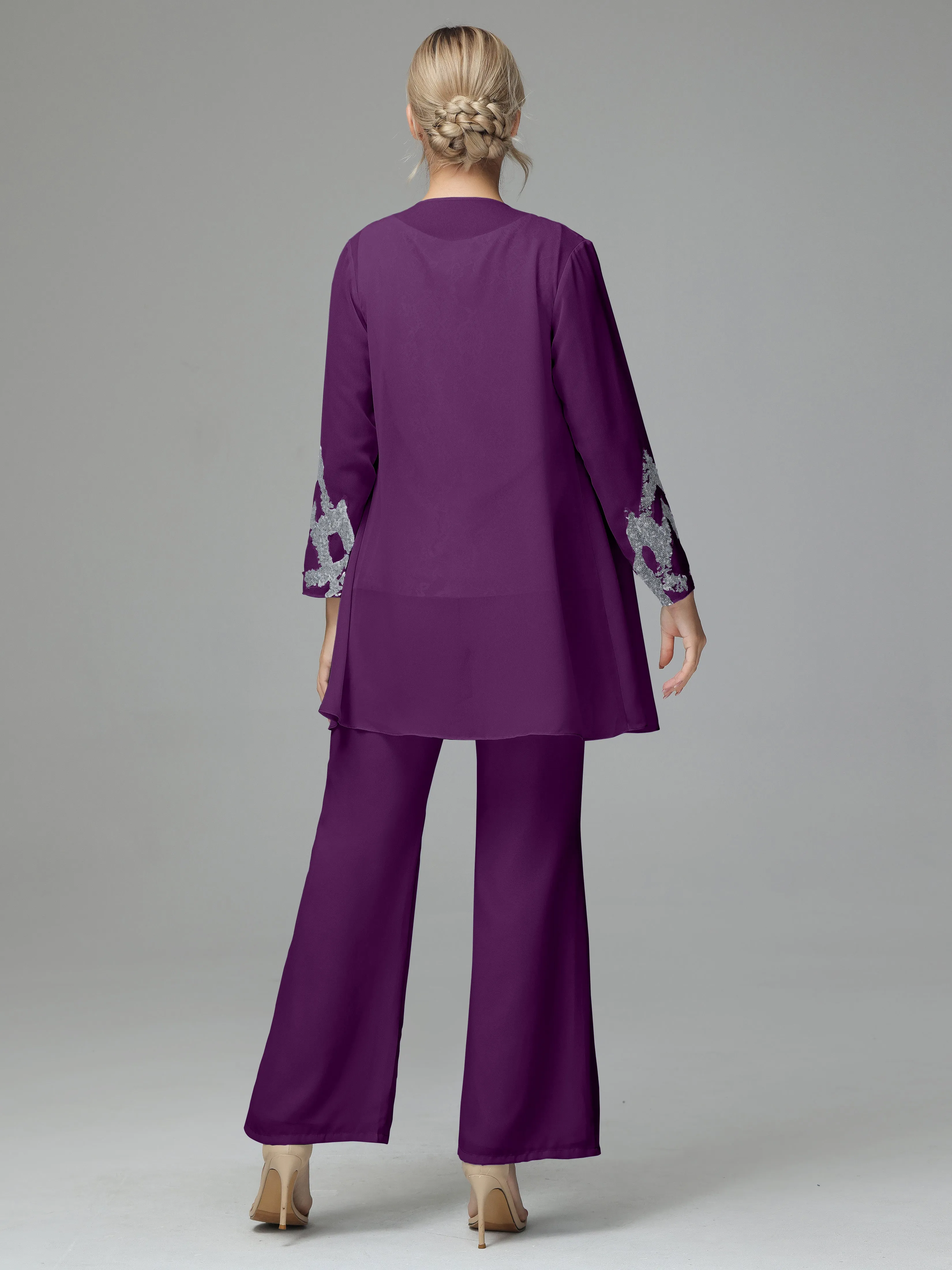 Chiffon 3 Pieces Mother of the Bride Dress Pant Suits With Appliques
