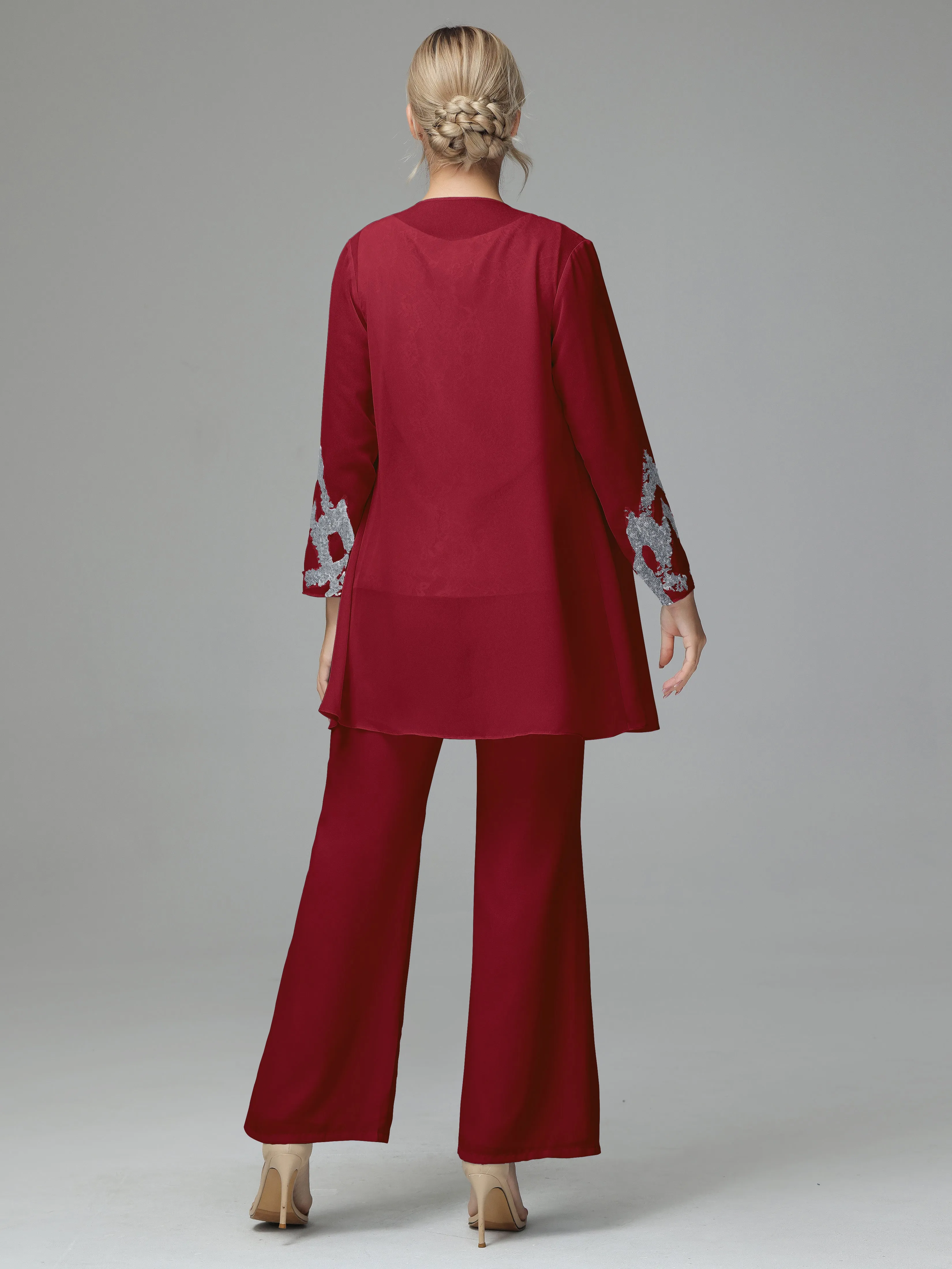 Chiffon 3 Pieces Mother of the Bride Dress Pant Suits With Appliques
