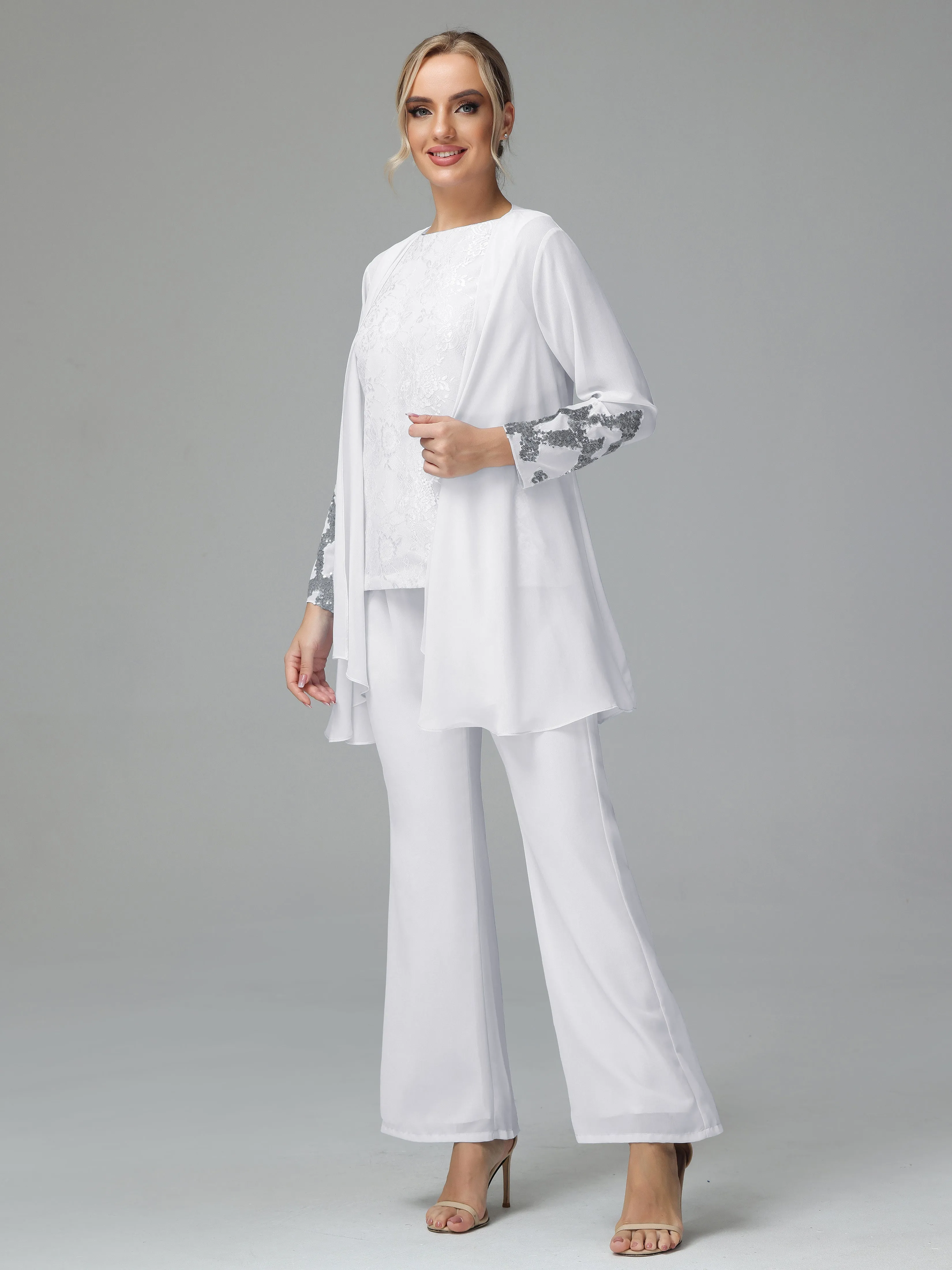 Chiffon 3 Pieces Mother of the Bride Dress Pant Suits With Appliques
