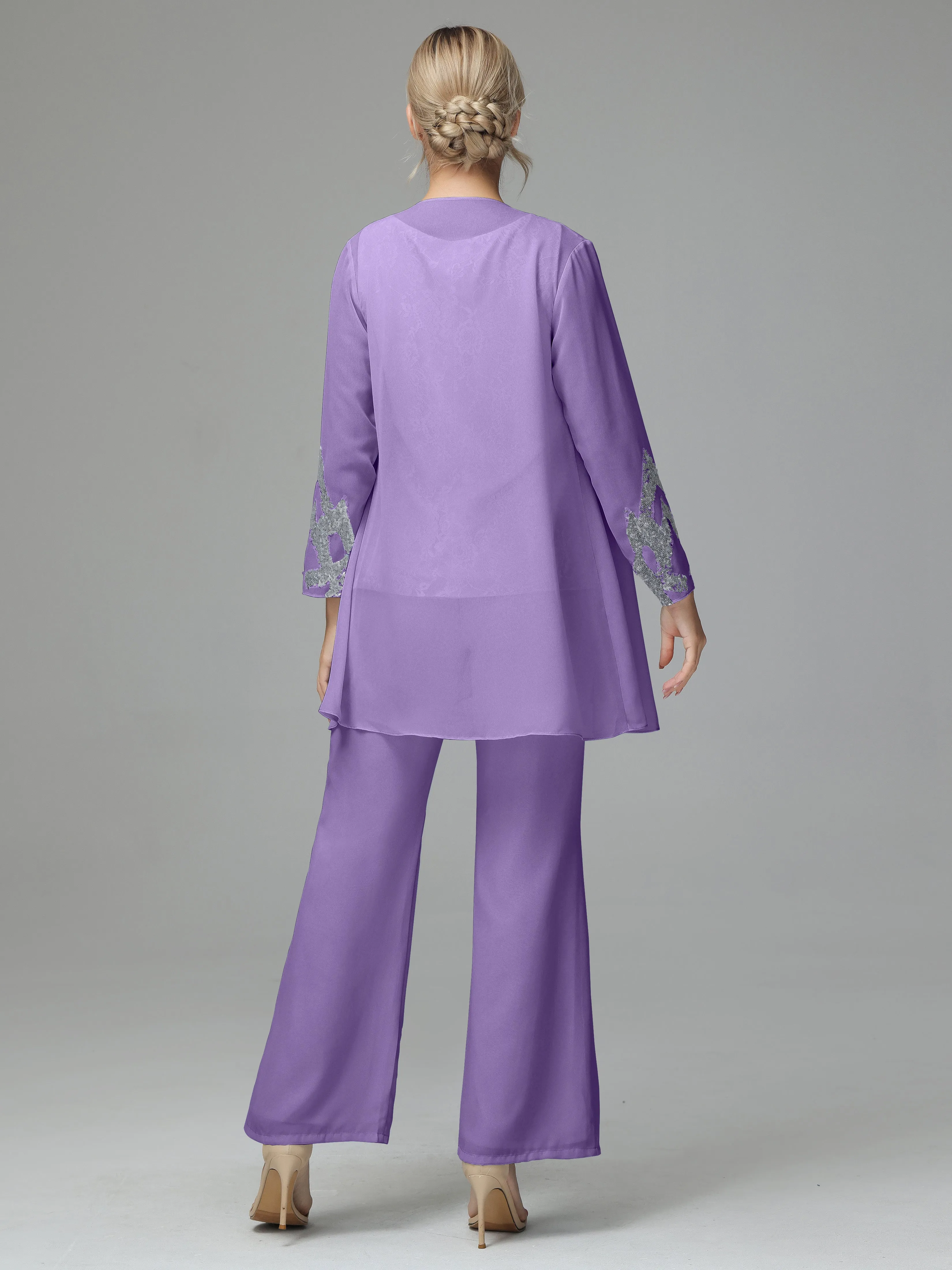 Chiffon 3 Pieces Mother of the Bride Dress Pant Suits With Appliques
