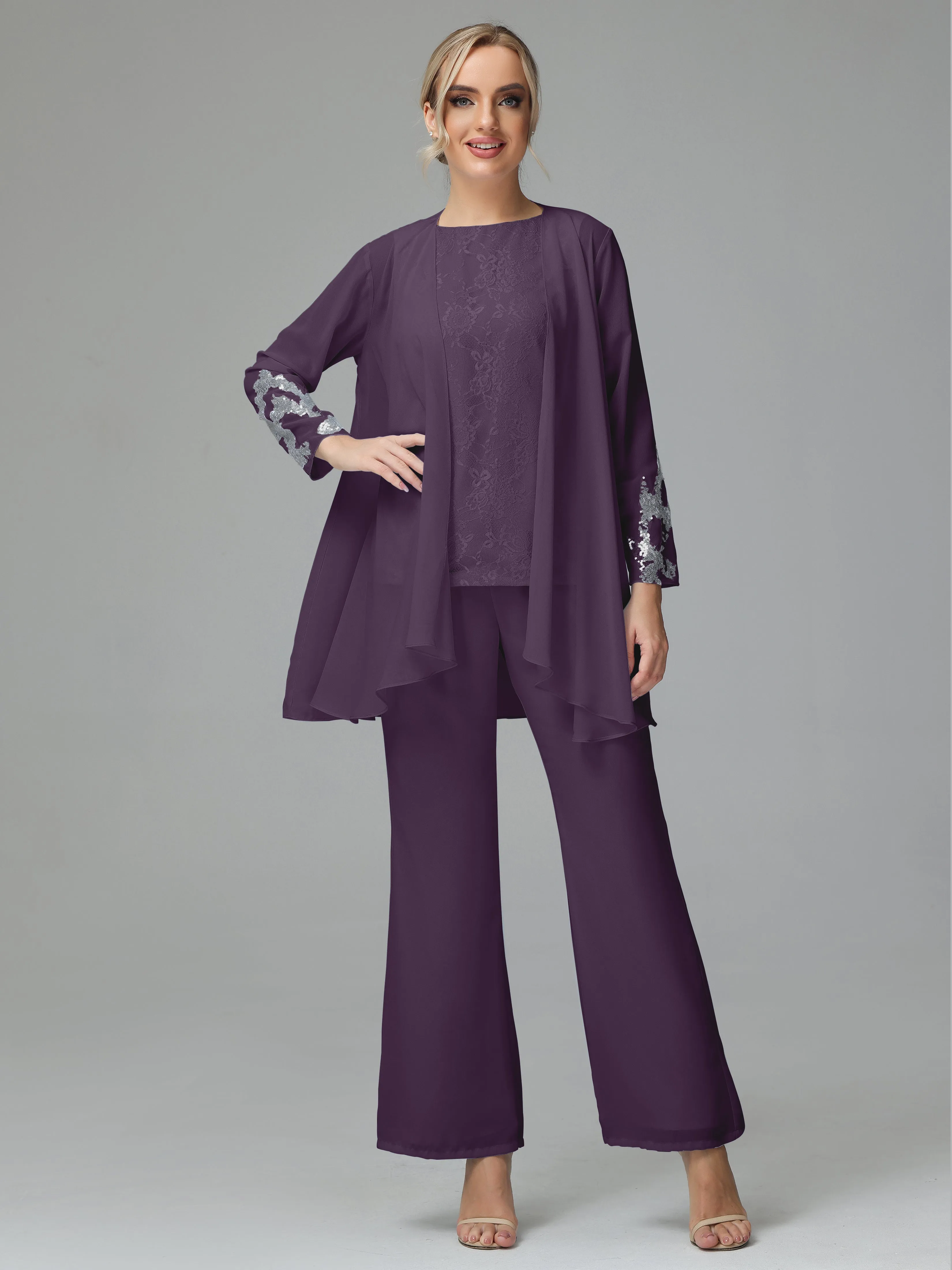 Chiffon 3 Pieces Mother of the Bride Dress Pant Suits With Appliques