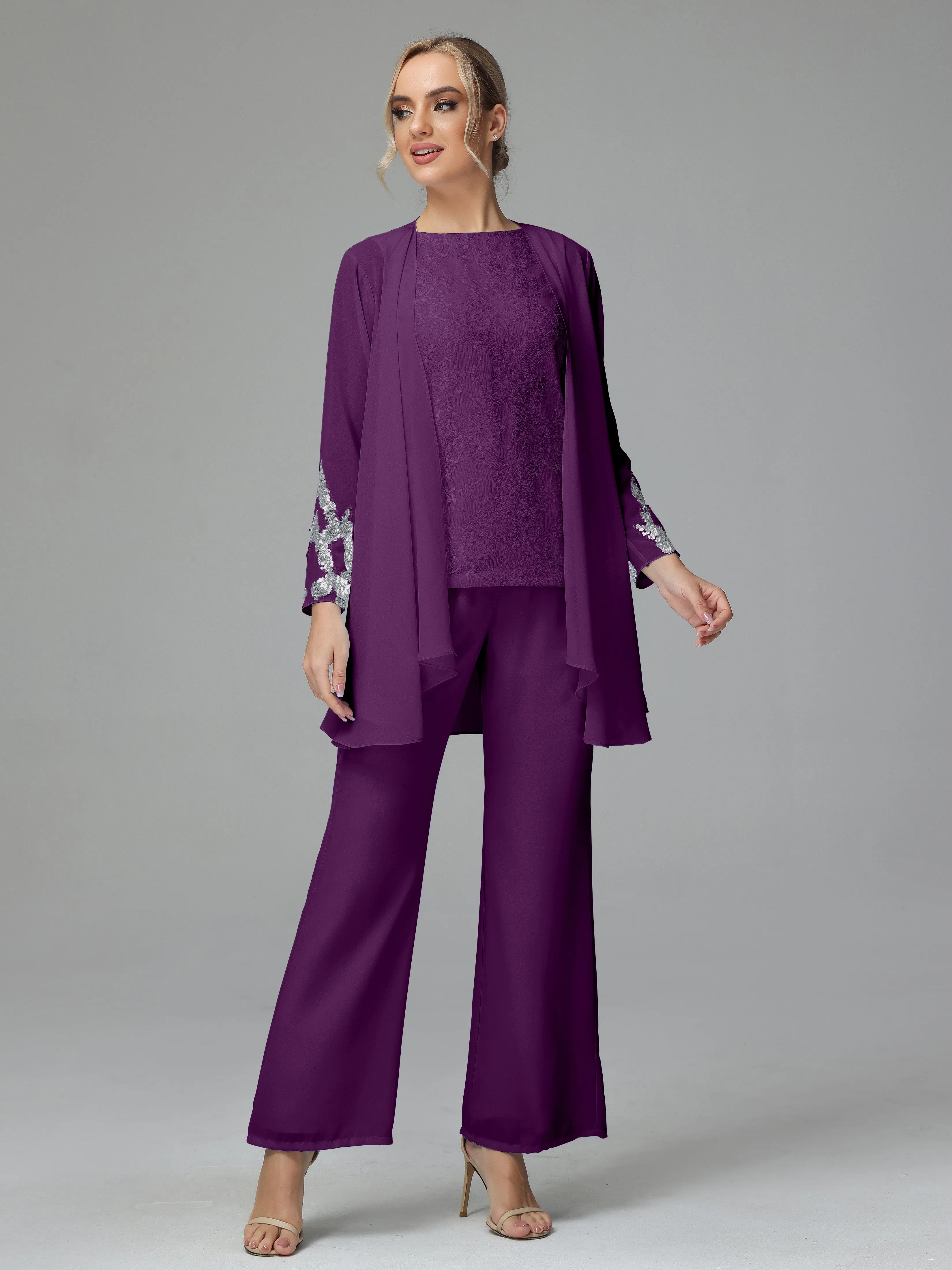 Chiffon 3 Pieces Mother of the Bride Dress Pant Suits With Appliques