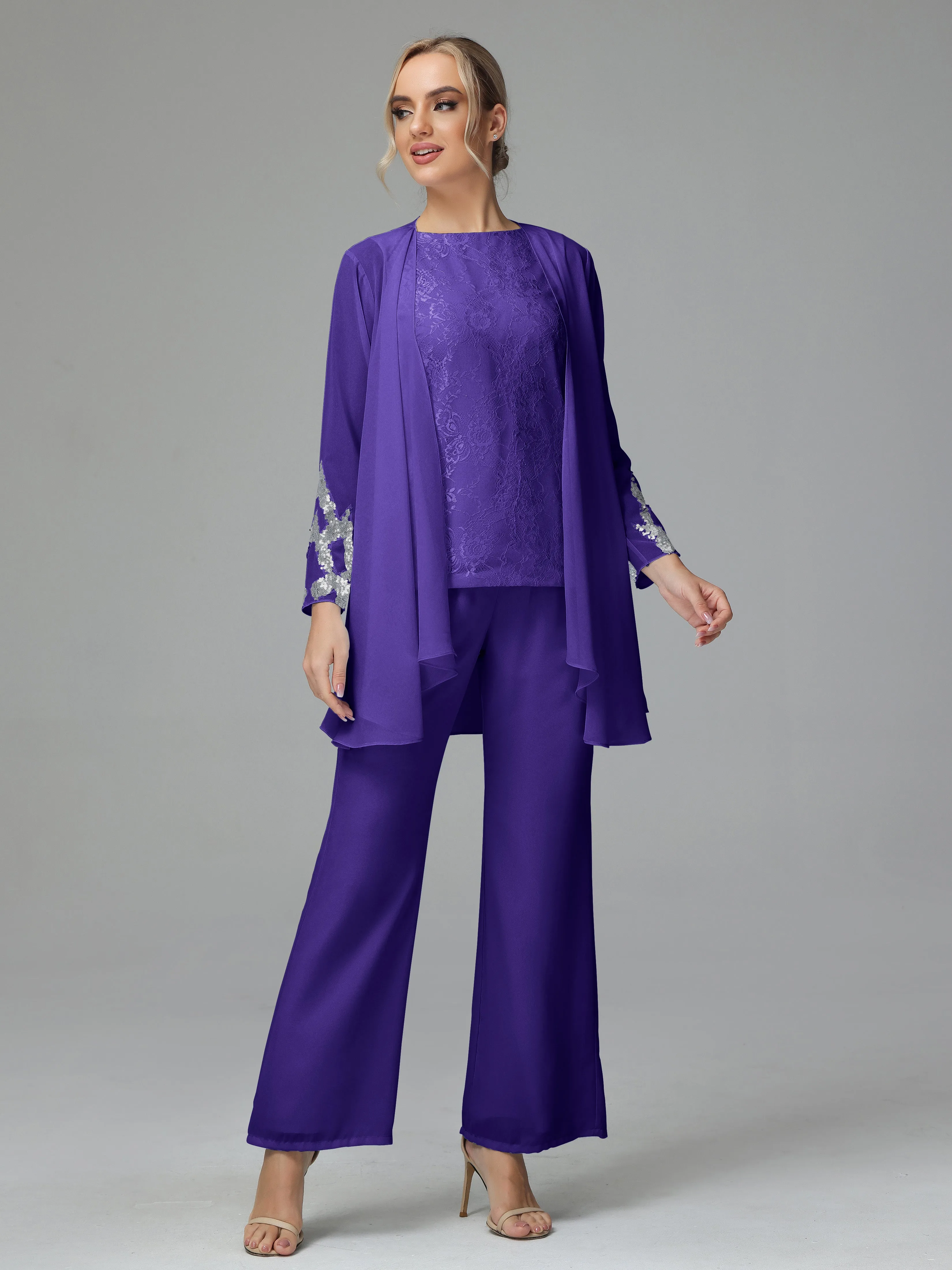 Chiffon 3 Pieces Mother of the Bride Dress Pant Suits With Appliques