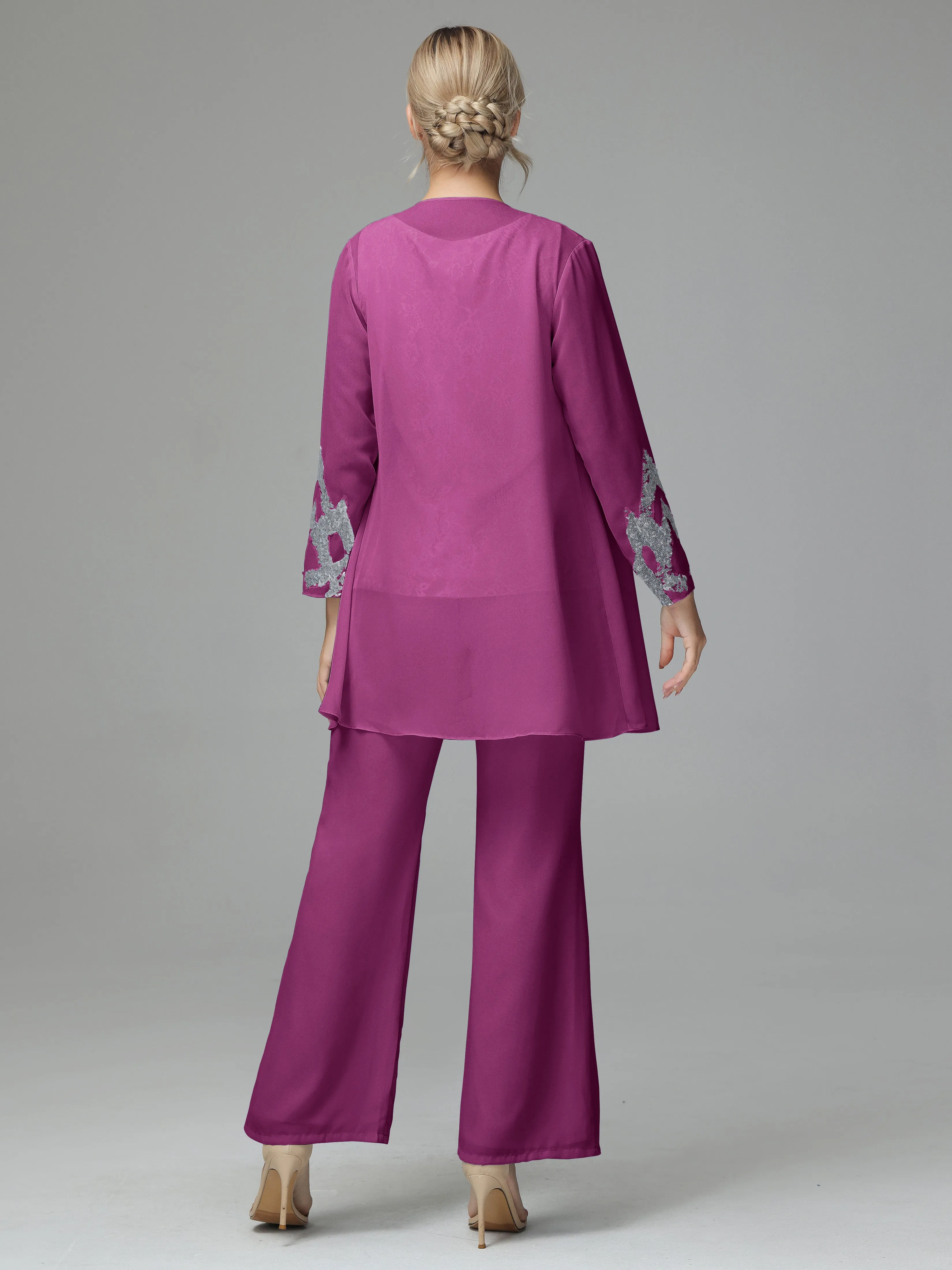 Chiffon 3 Pieces Mother of the Bride Dress Pant Suits With Appliques