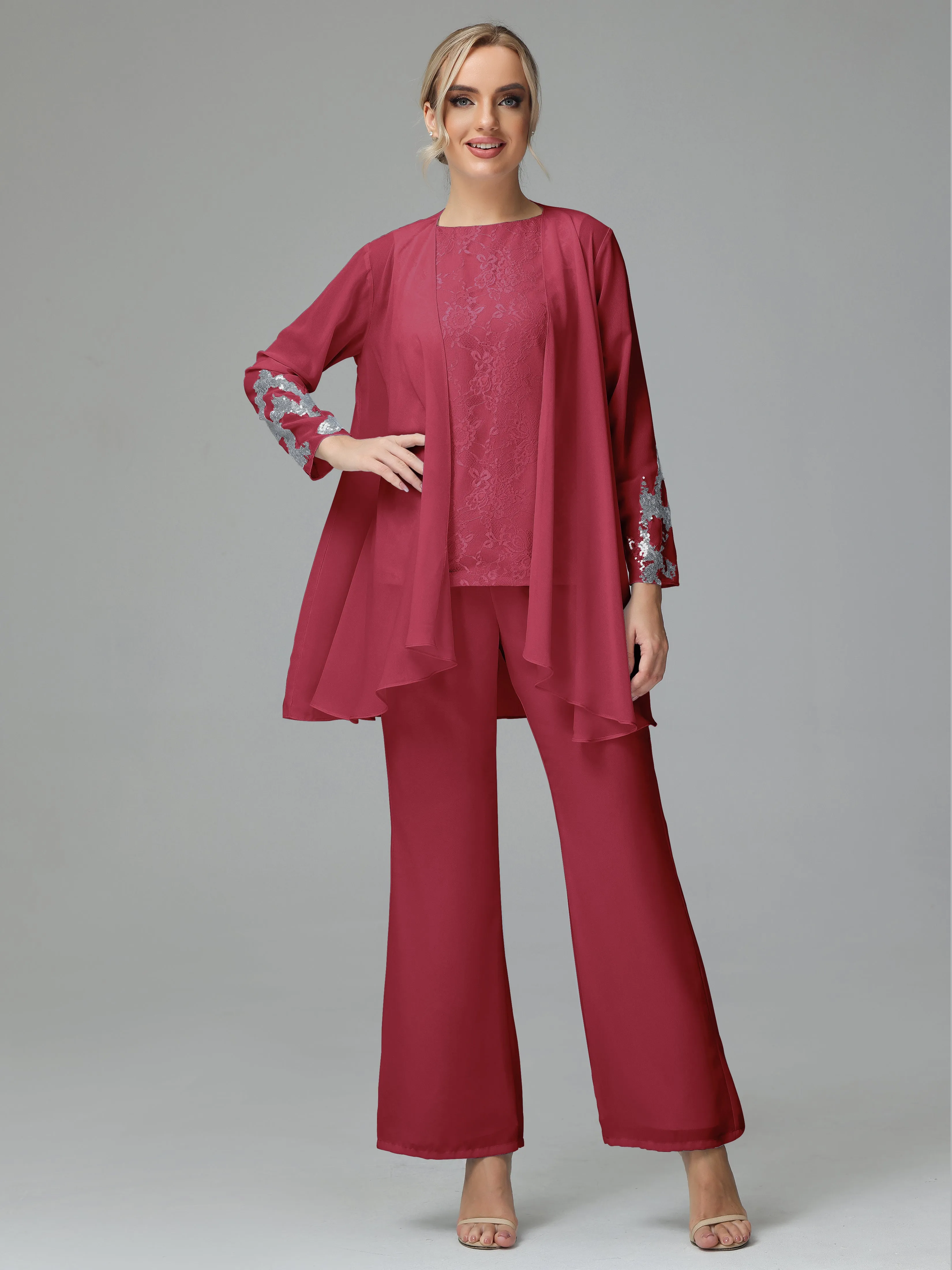 Chiffon 3 Pieces Mother of the Bride Dress Pant Suits With Appliques