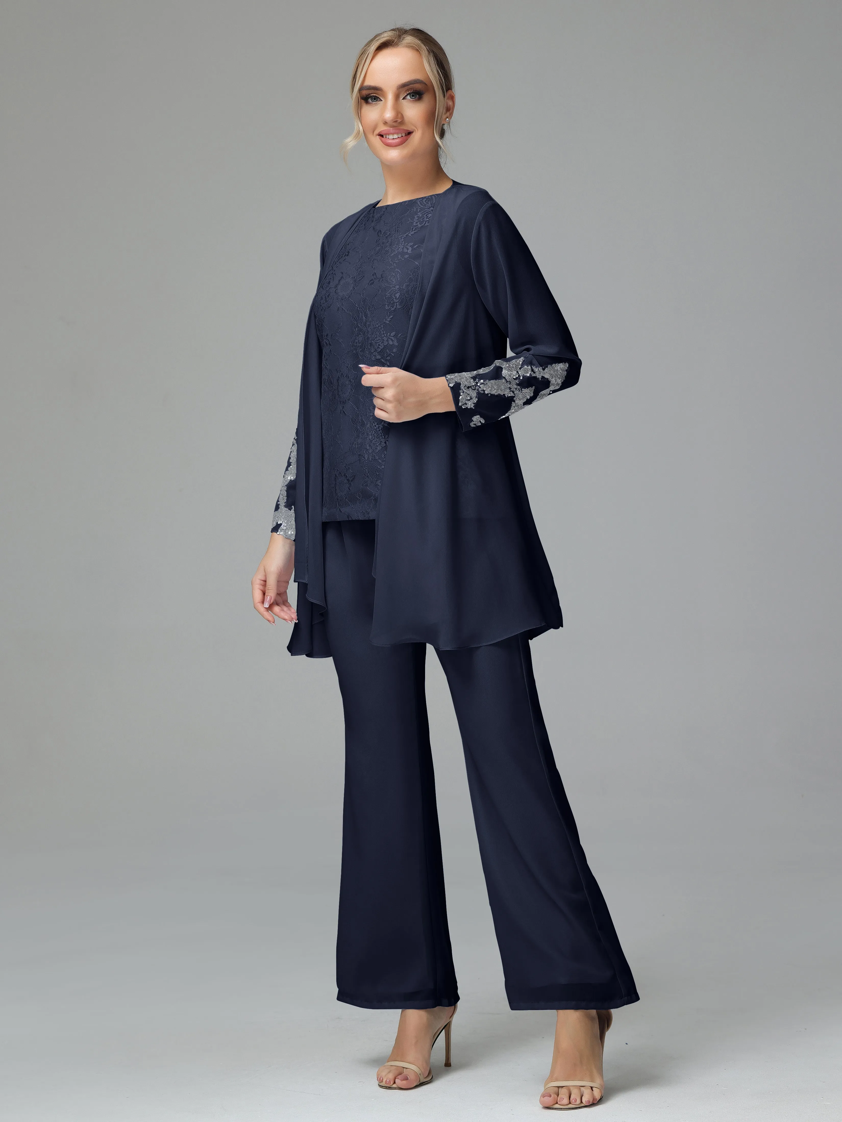 Chiffon 3 Pieces Mother of the Bride Dress Pant Suits With Appliques