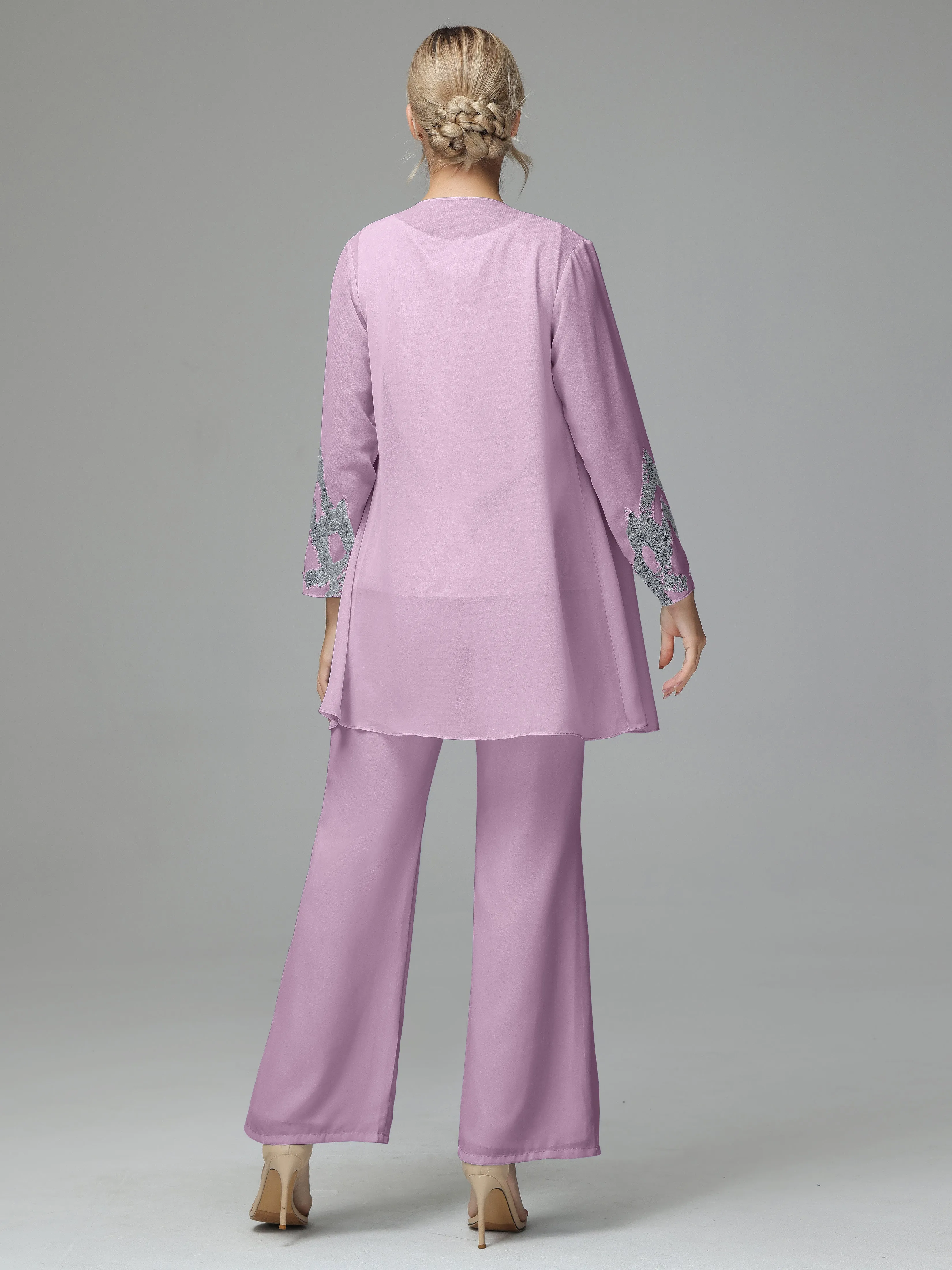 Chiffon 3 Pieces Mother of the Bride Dress Pant Suits With Appliques