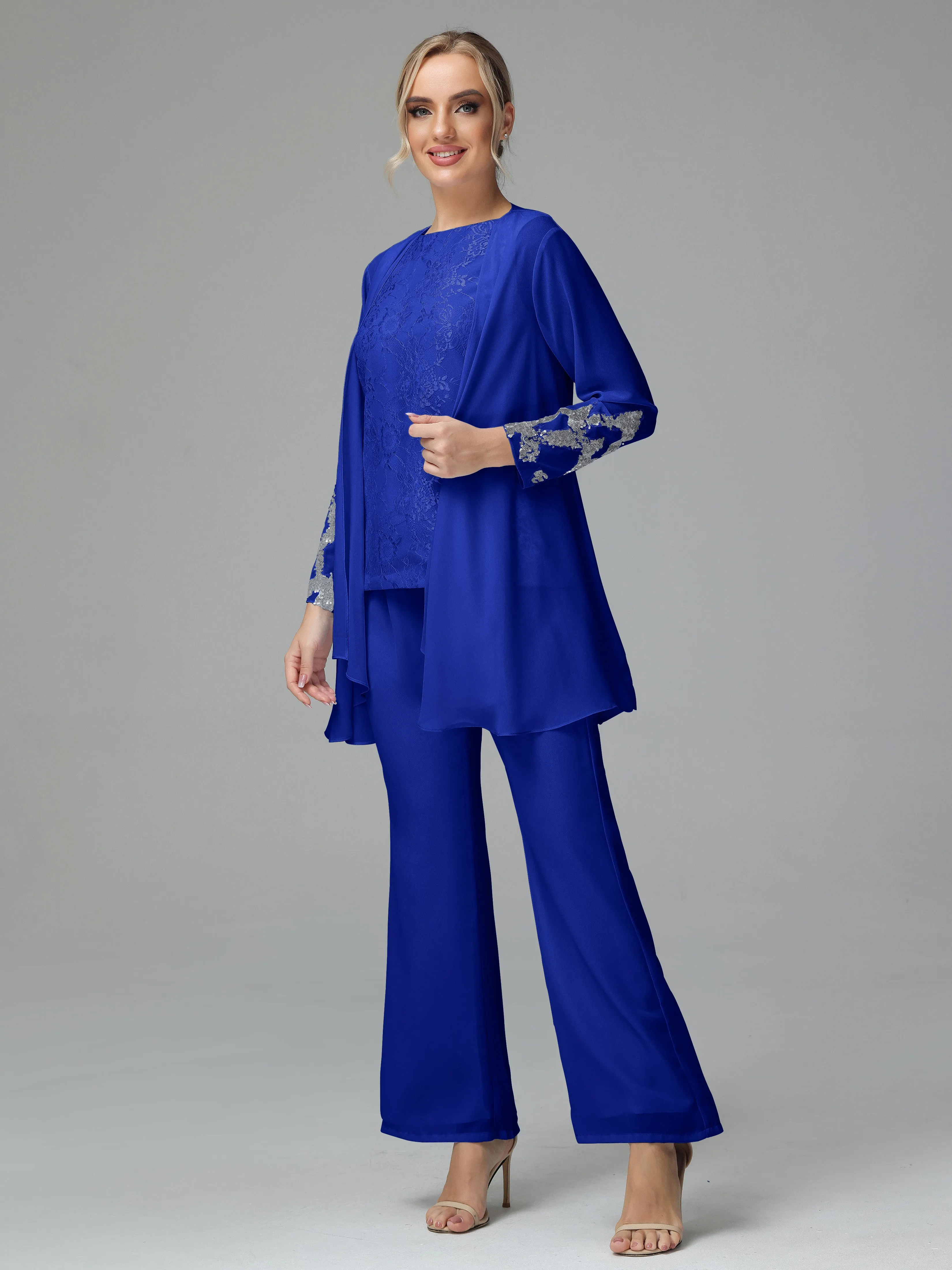 Chiffon 3 Pieces Mother of the Bride Dress Pant Suits With Appliques