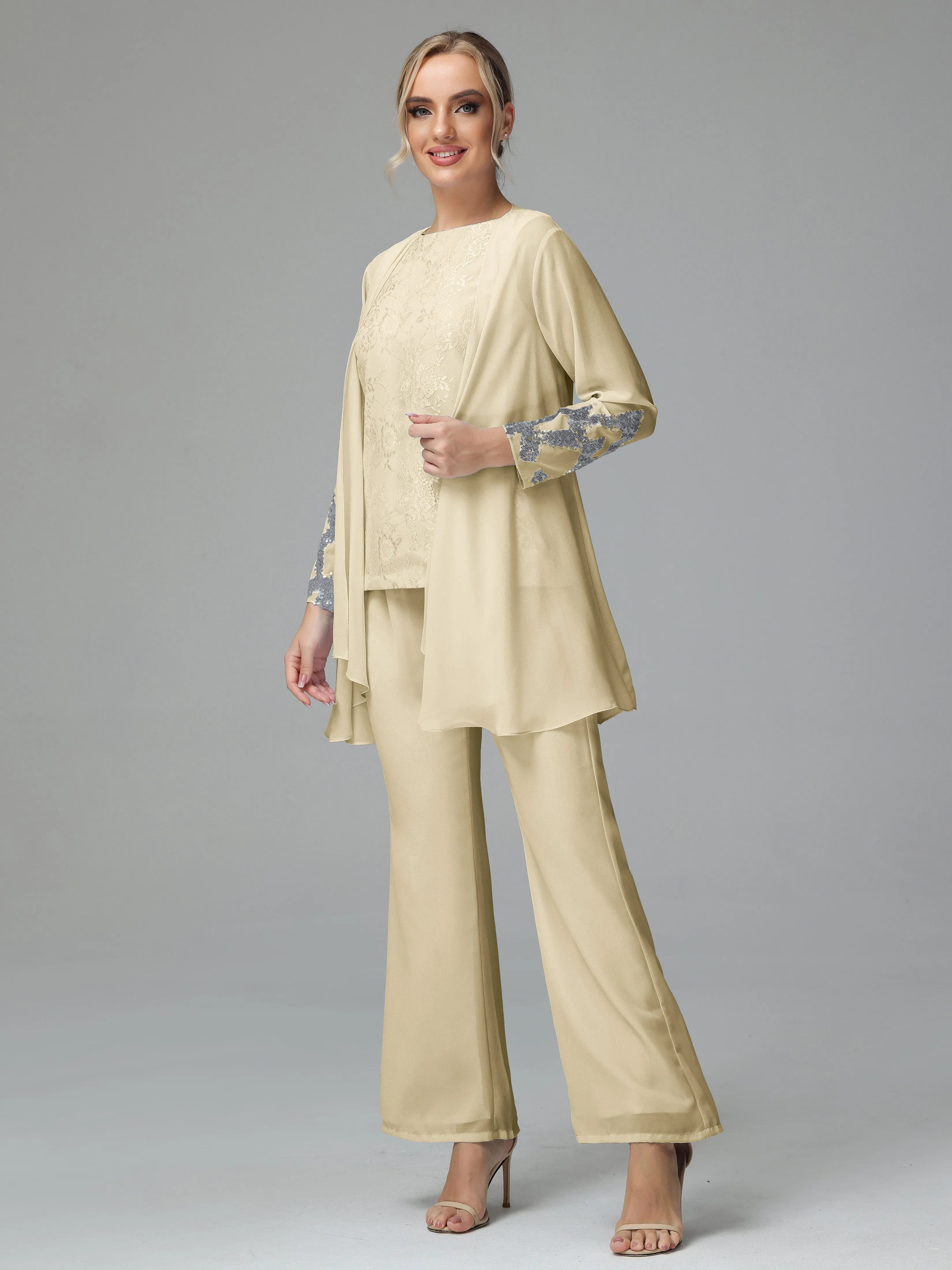 Chiffon 3 Pieces Mother of the Bride Dress Pant Suits With Appliques